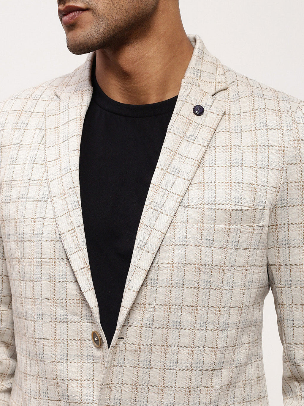 Men's Cream Checked Single Breasted Blazer