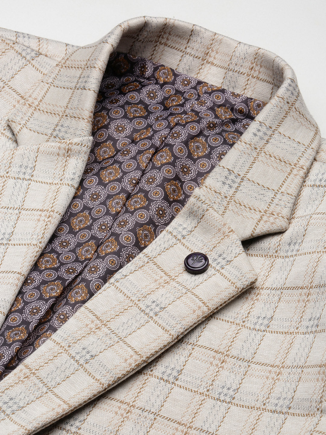 Men's Cream Checked Single Breasted Blazer