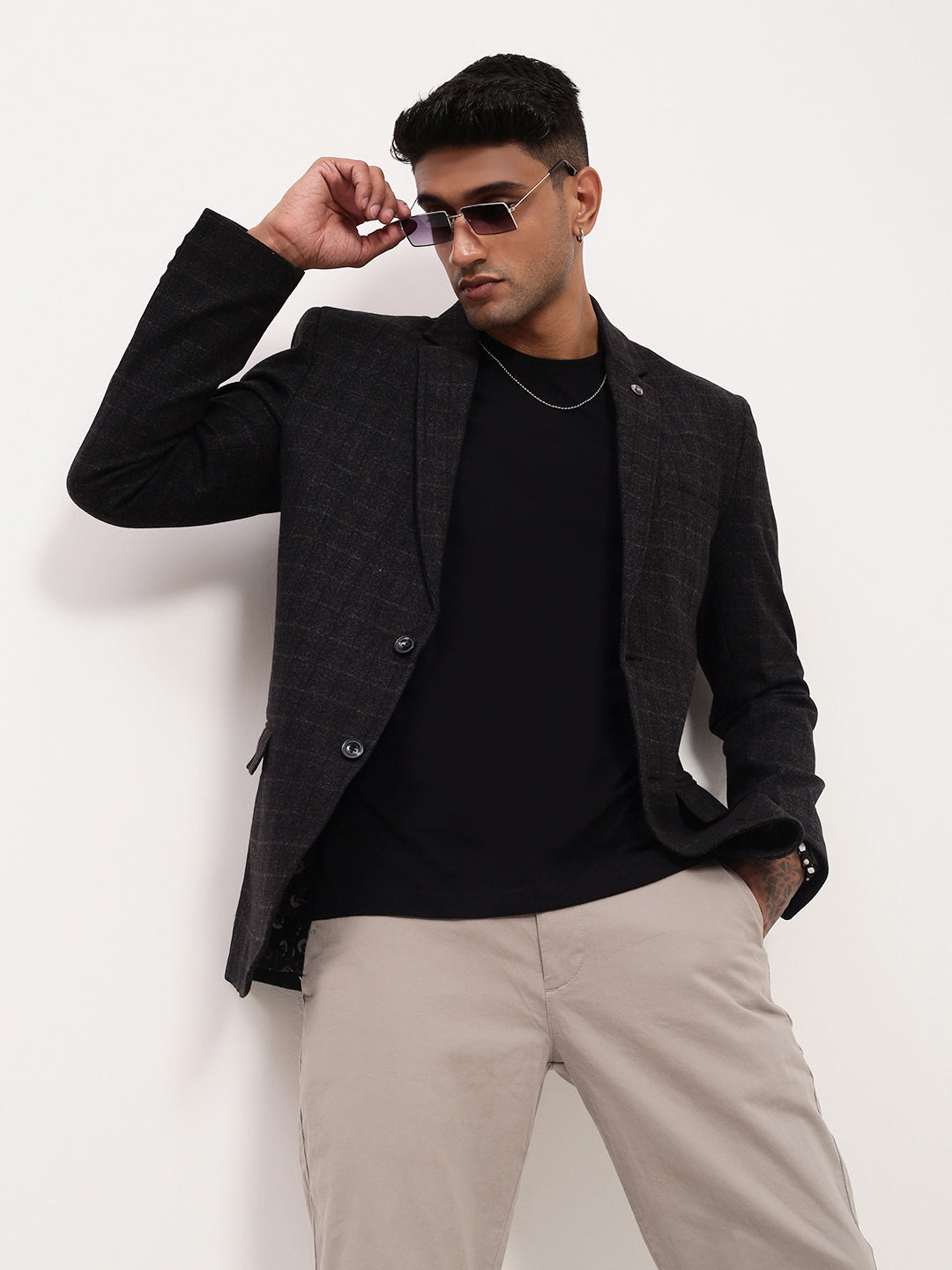 Men's Black Checked Single Breasted Cotton Blazer