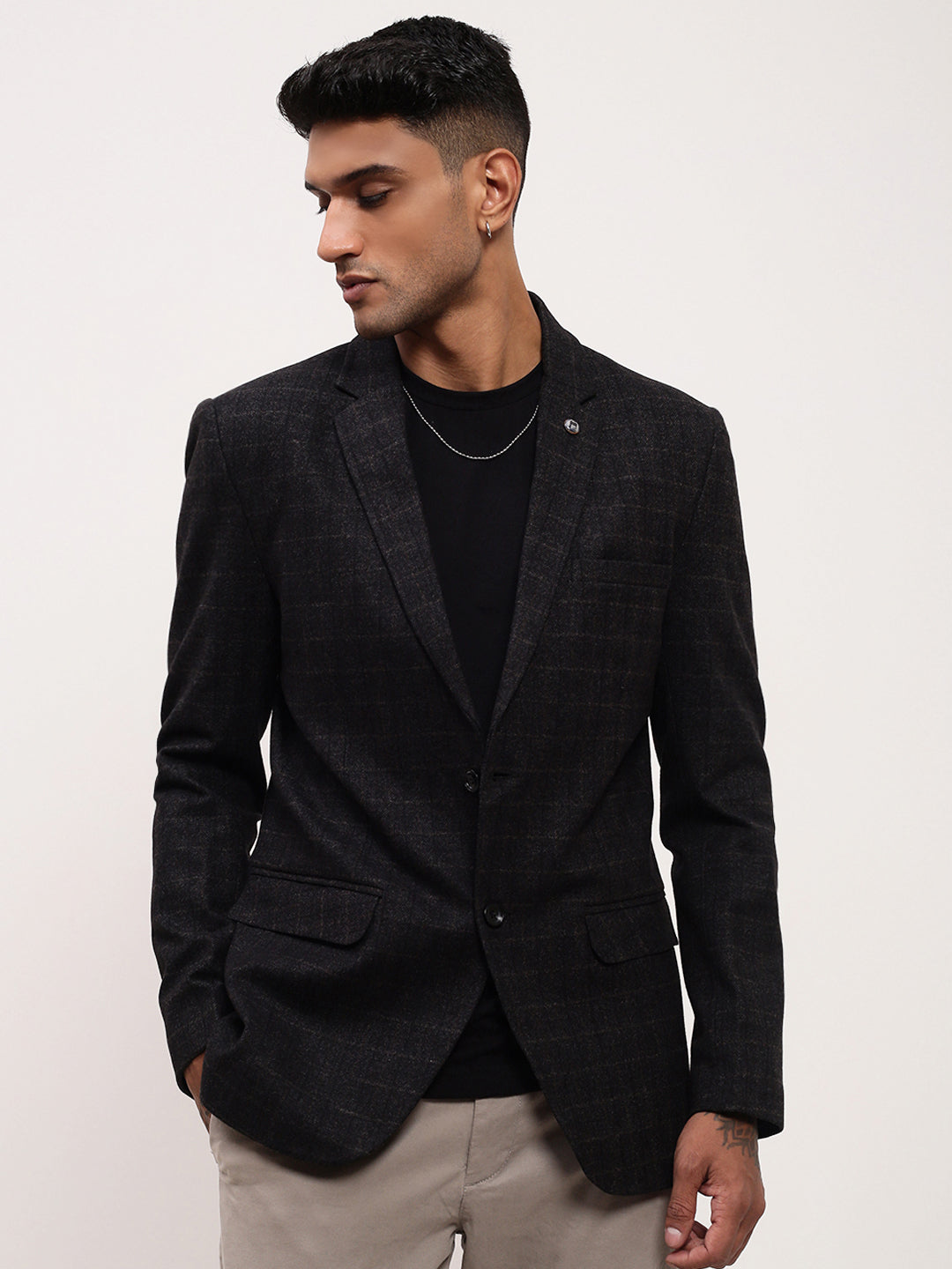 Men's Black Checked Single Breasted Cotton Blazer