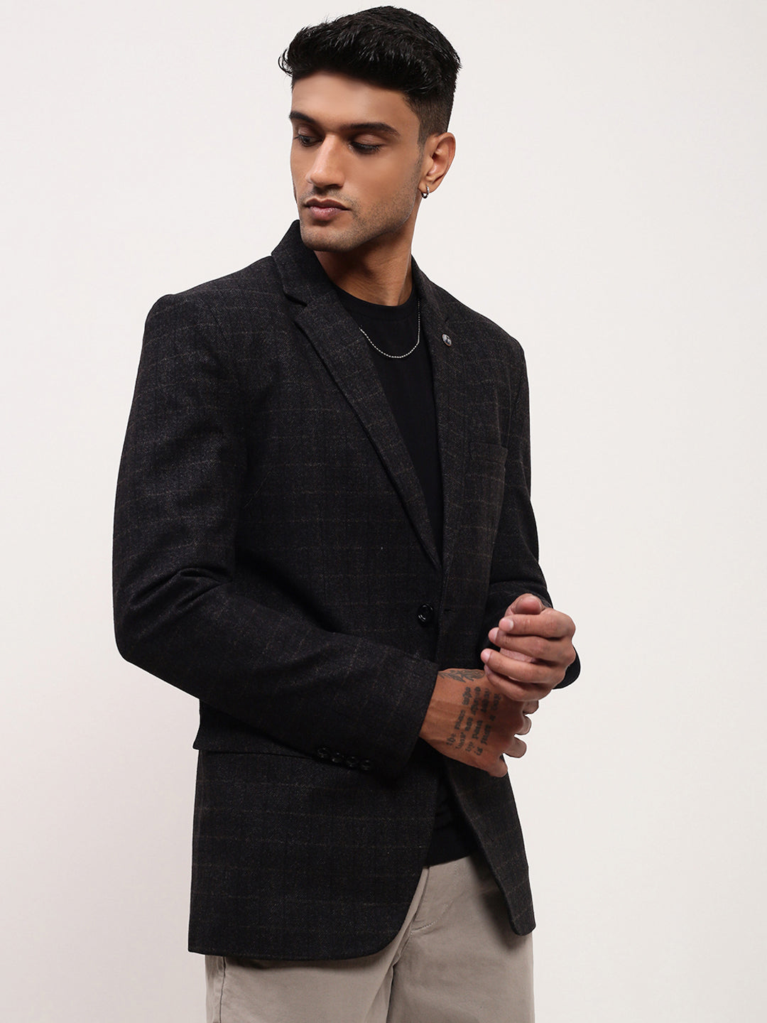 Men's Black Checked Single Breasted Cotton Blazer