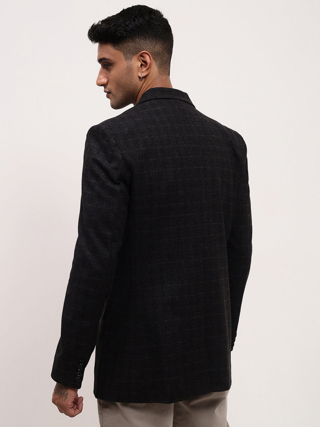 Men's Black Checked Single Breasted Cotton Blazer