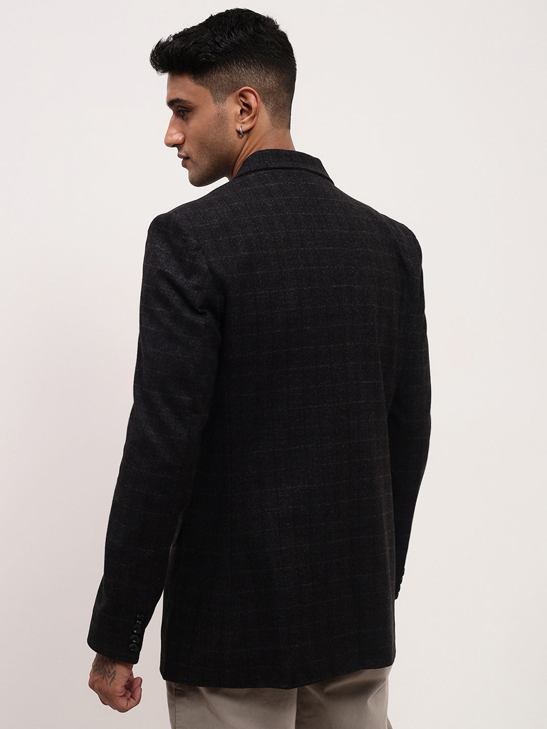 Men's Black Checked Single Breasted Cotton Blazer