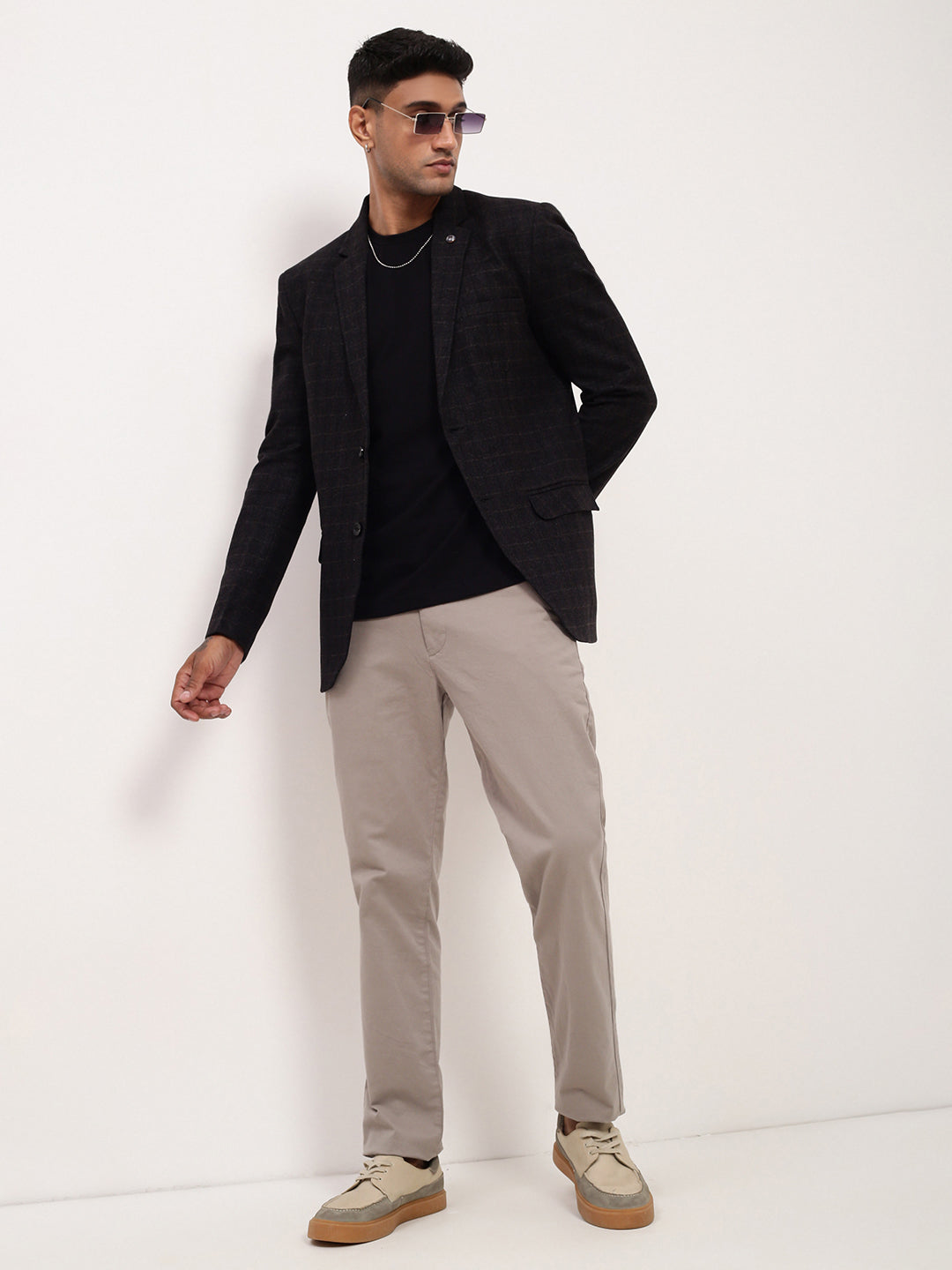 Men's Black Checked Single Breasted Cotton Blazer