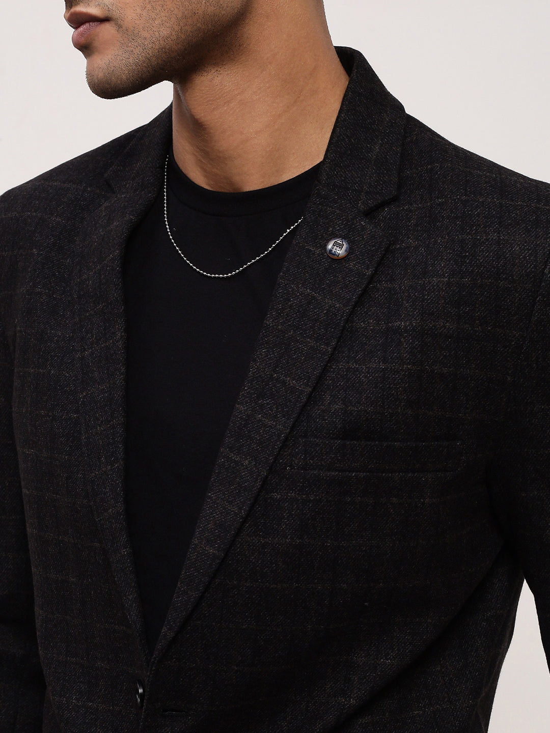 Men's Black Checked Single Breasted Cotton Blazer