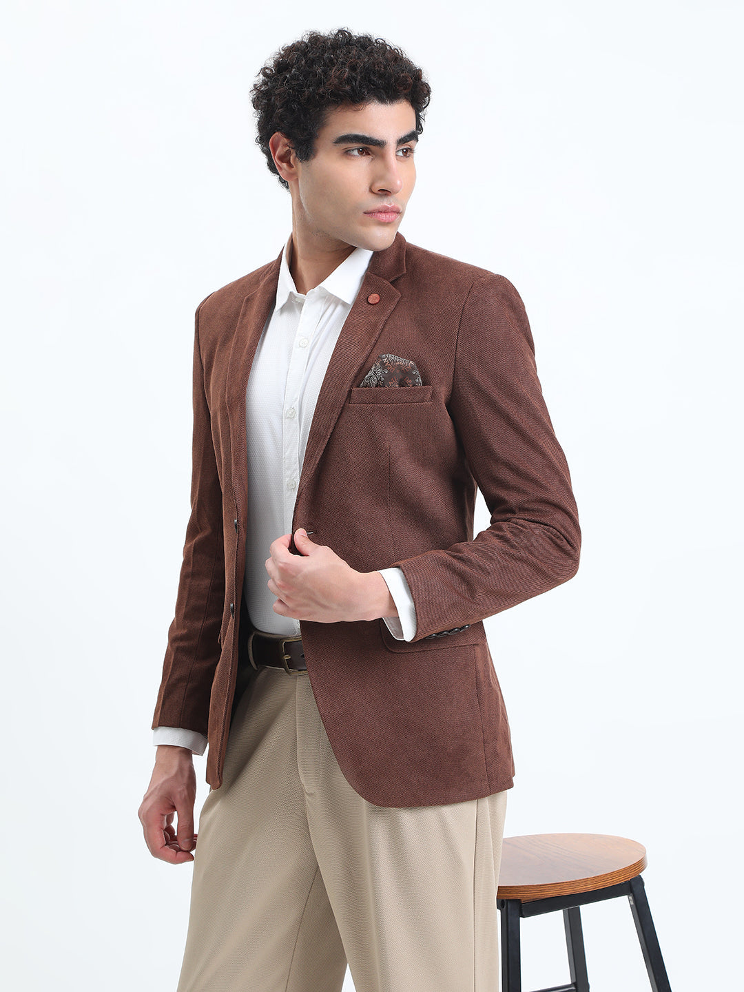 Men's Brown Tailored Single-Breasted Blazer with Notched Lapel