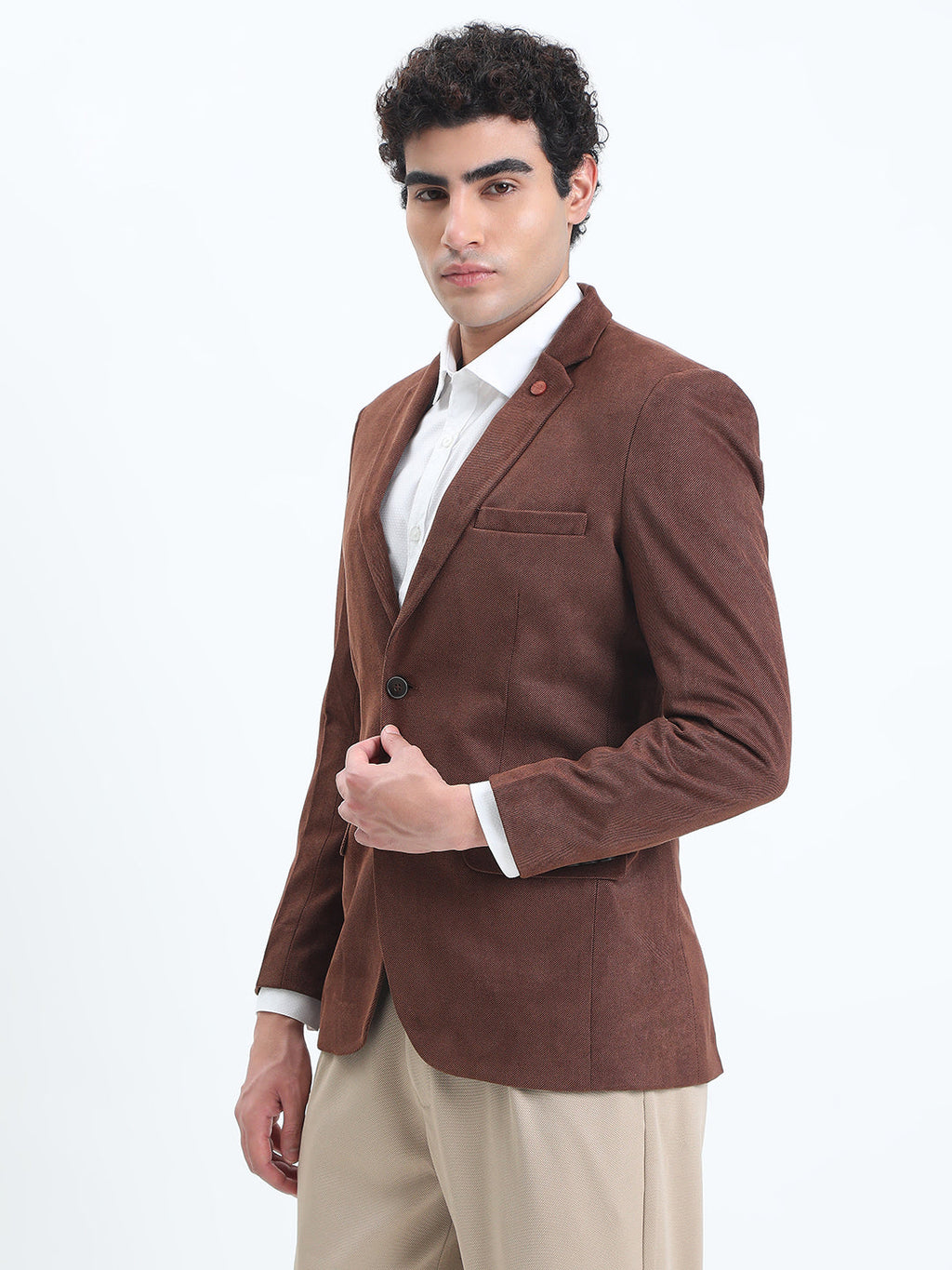 Men's Brown Tailored Single-Breasted Blazer with Notched Lapel