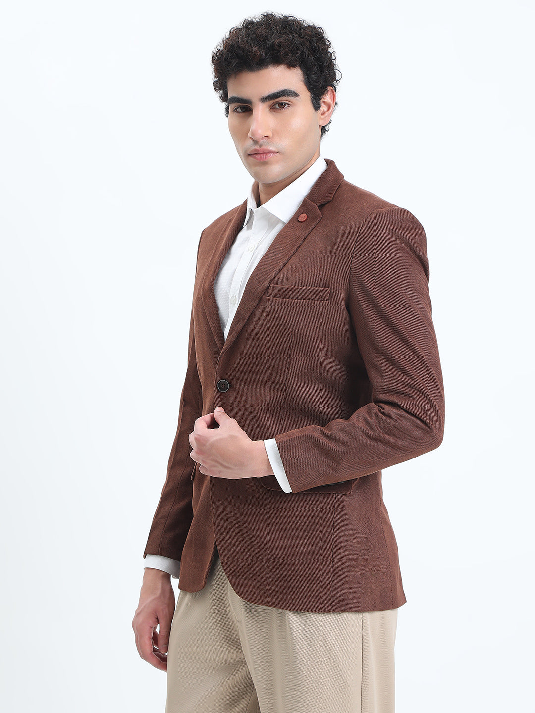 Men's Brown Tailored Single-Breasted Blazer with Notched Lapel