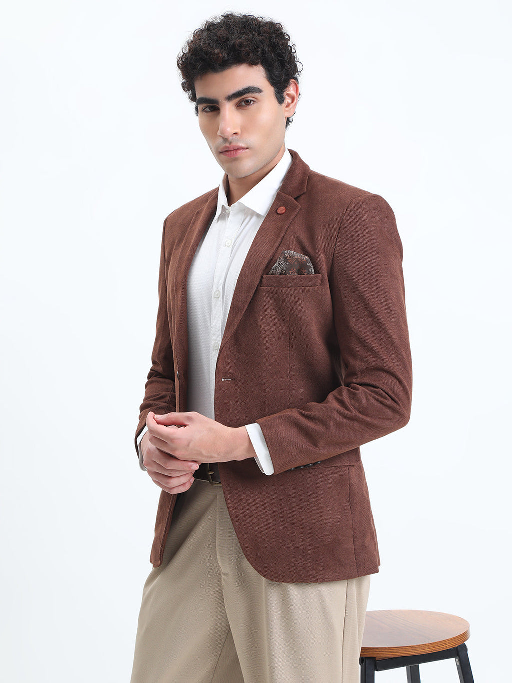 Men's Brown Tailored Single-Breasted Blazer with Notched Lapel