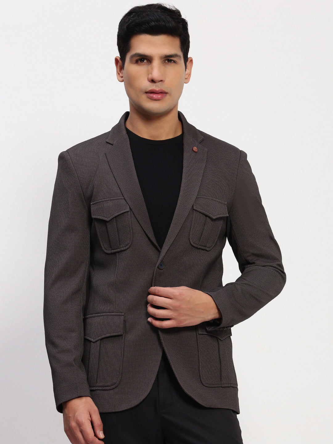 Men's Brown Solid Single Breasted Blazer