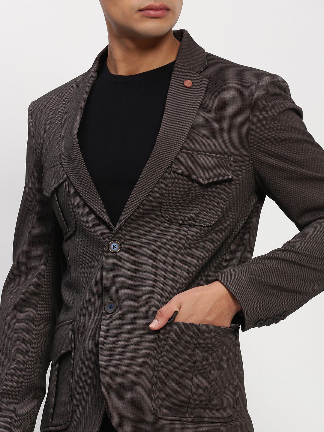Men's Brown Solid Single Breasted Blazer