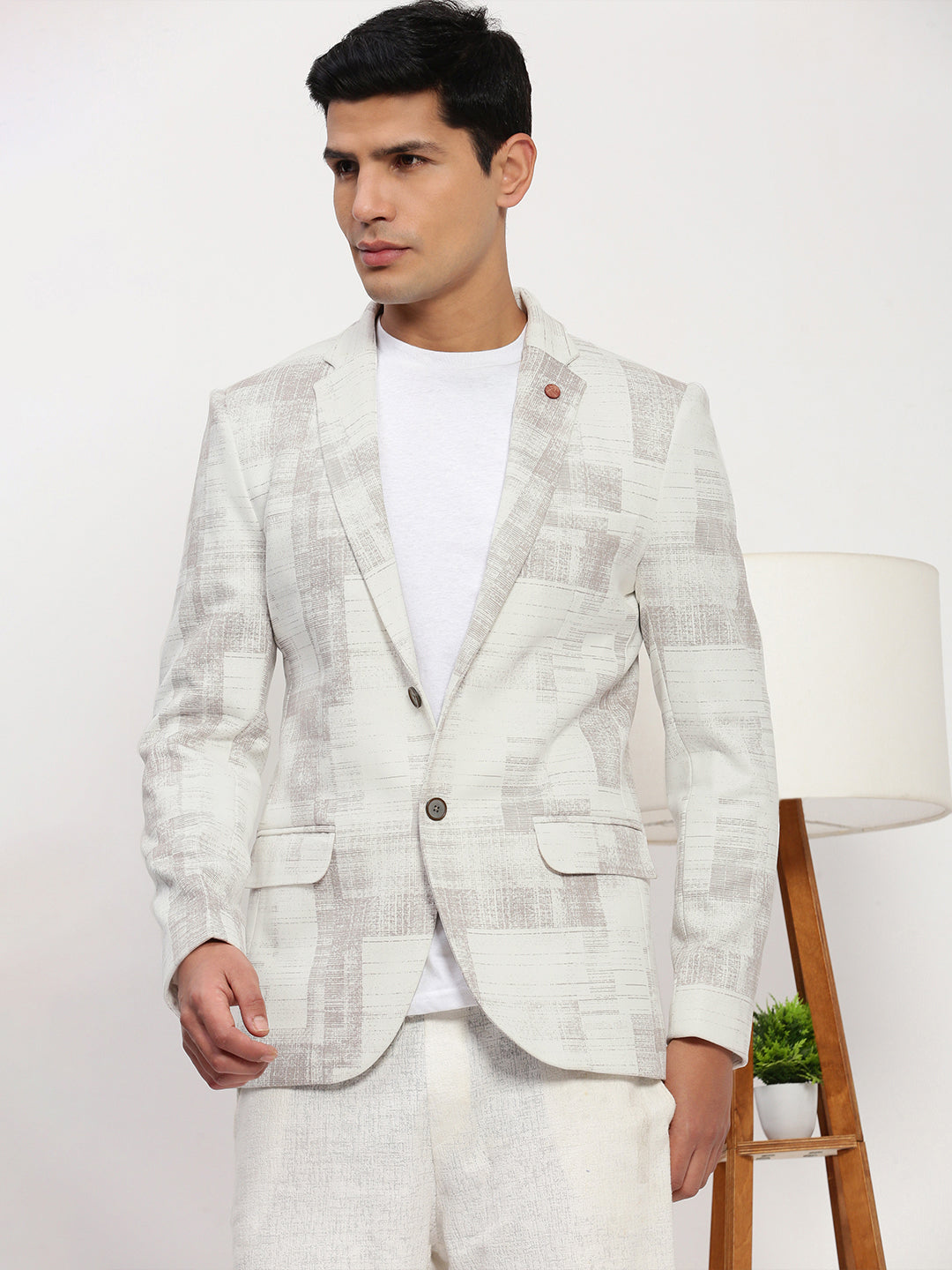 Men's Off White Printed Single Breasted Blazer
