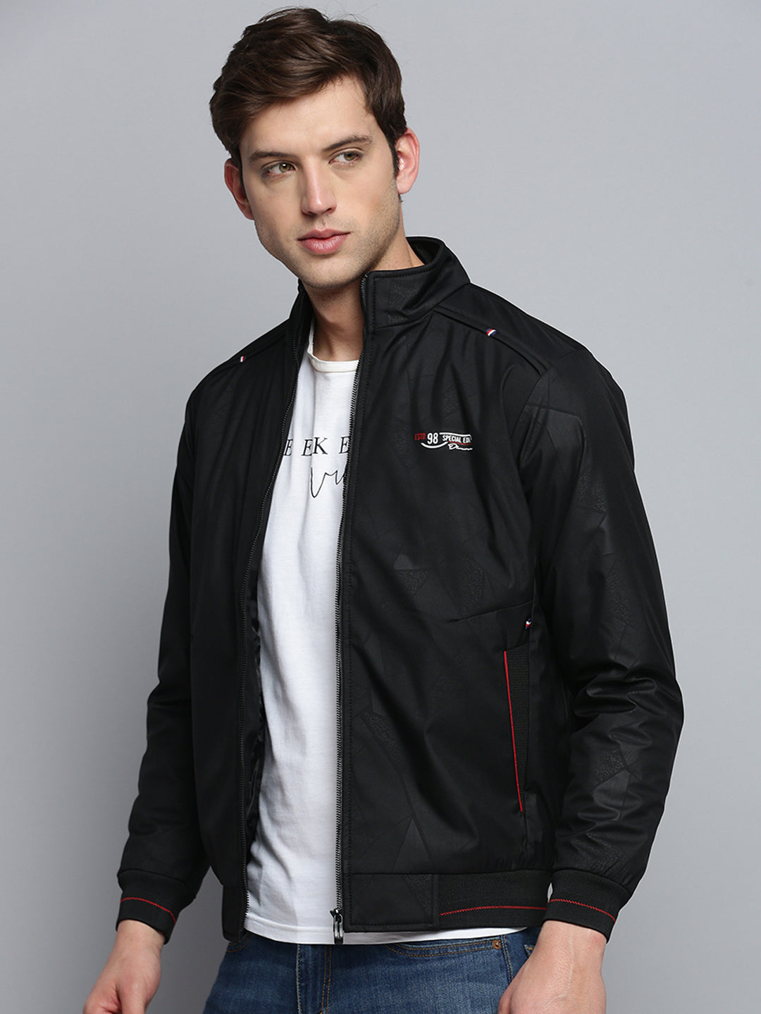 Men's Mock Black Collar Geometric Printed Padded Jacket