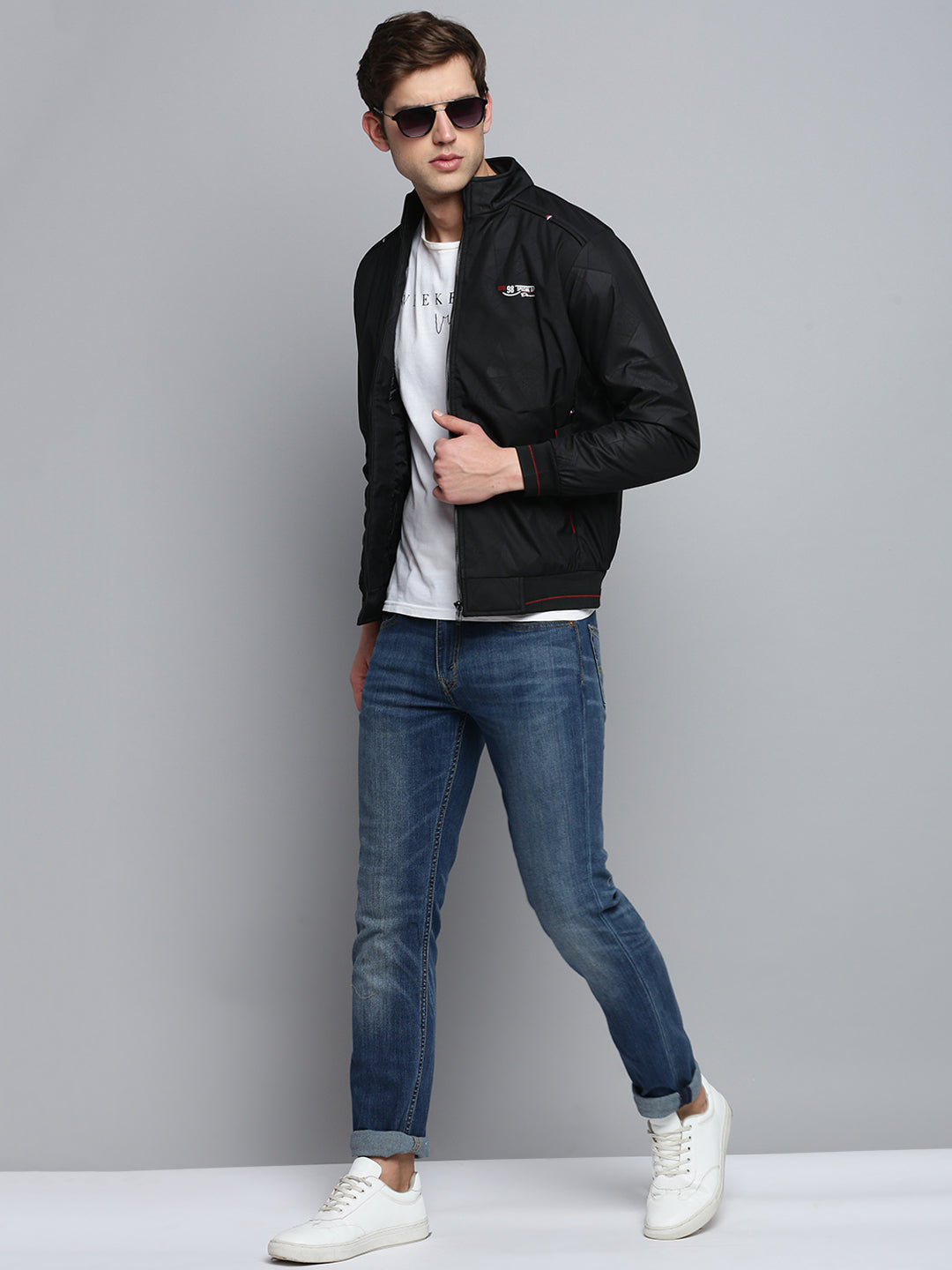 Men's Mock Black Collar Geometric Printed Padded Jacket