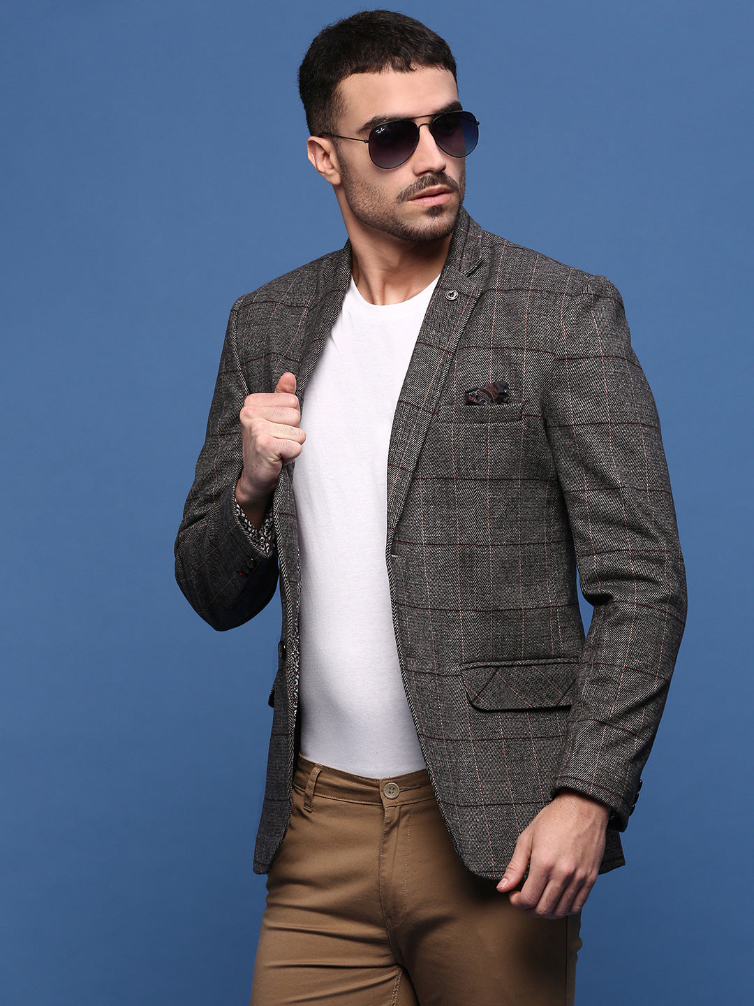 Men's Brown Slim Fit Checked Single Breasted Blazer
