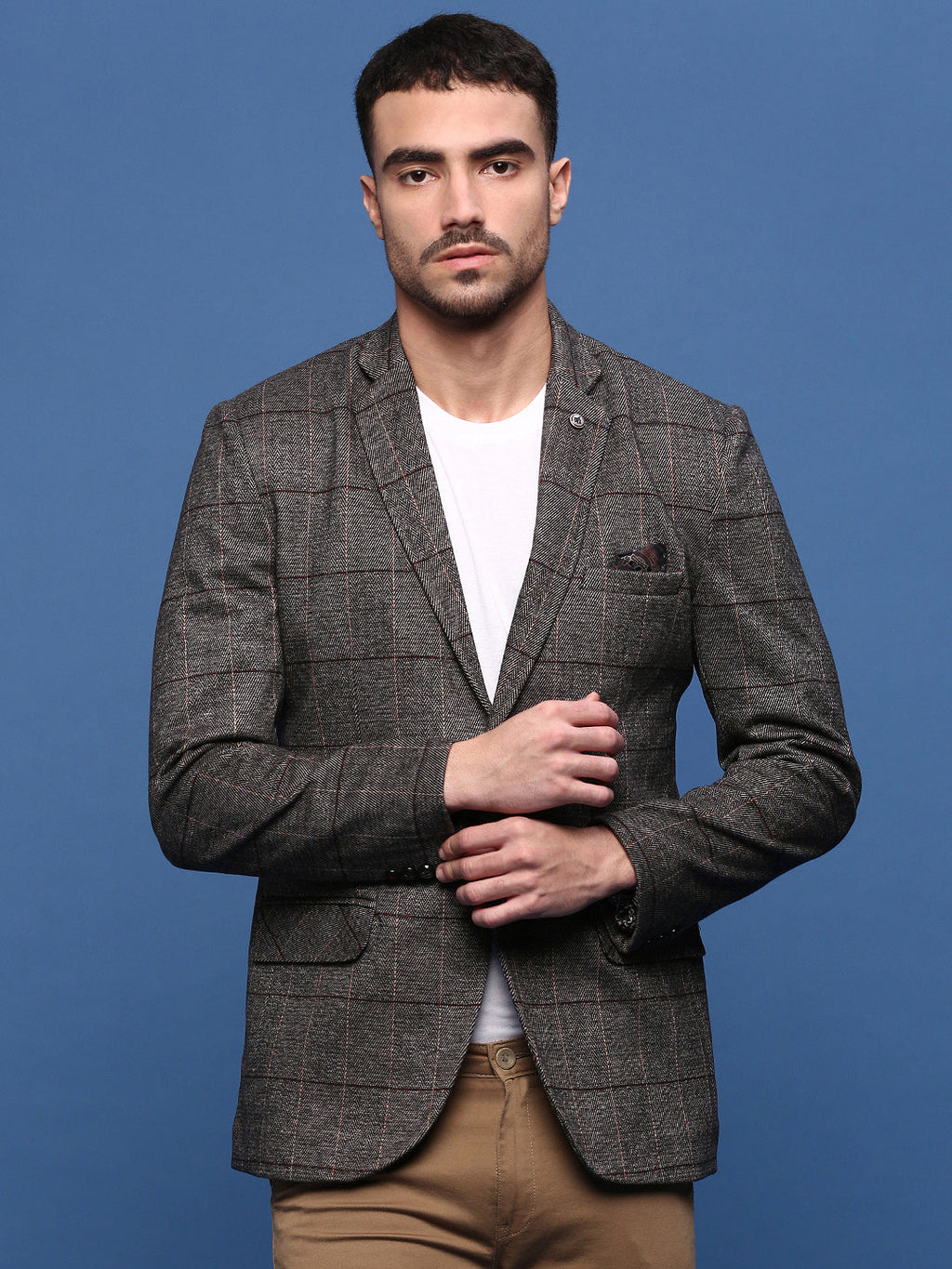 Men's Brown Slim Fit Checked Single Breasted Blazer