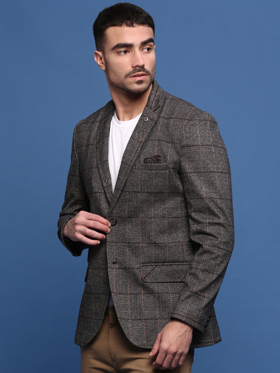Men's Brown Slim Fit Checked Single Breasted Blazer