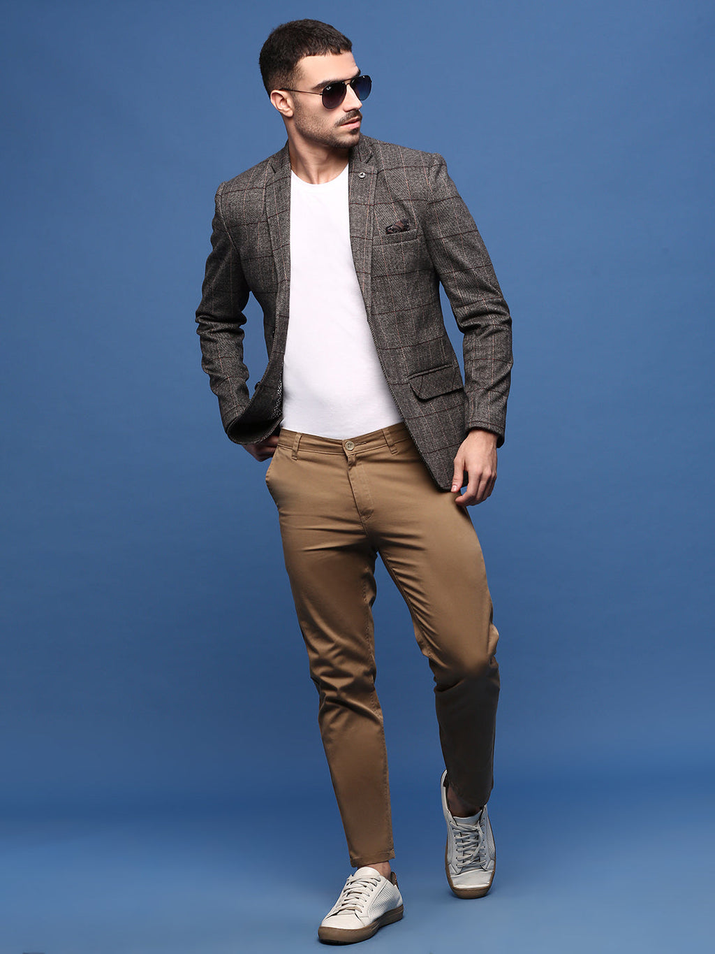 Men's Brown Slim Fit Checked Single Breasted Blazer