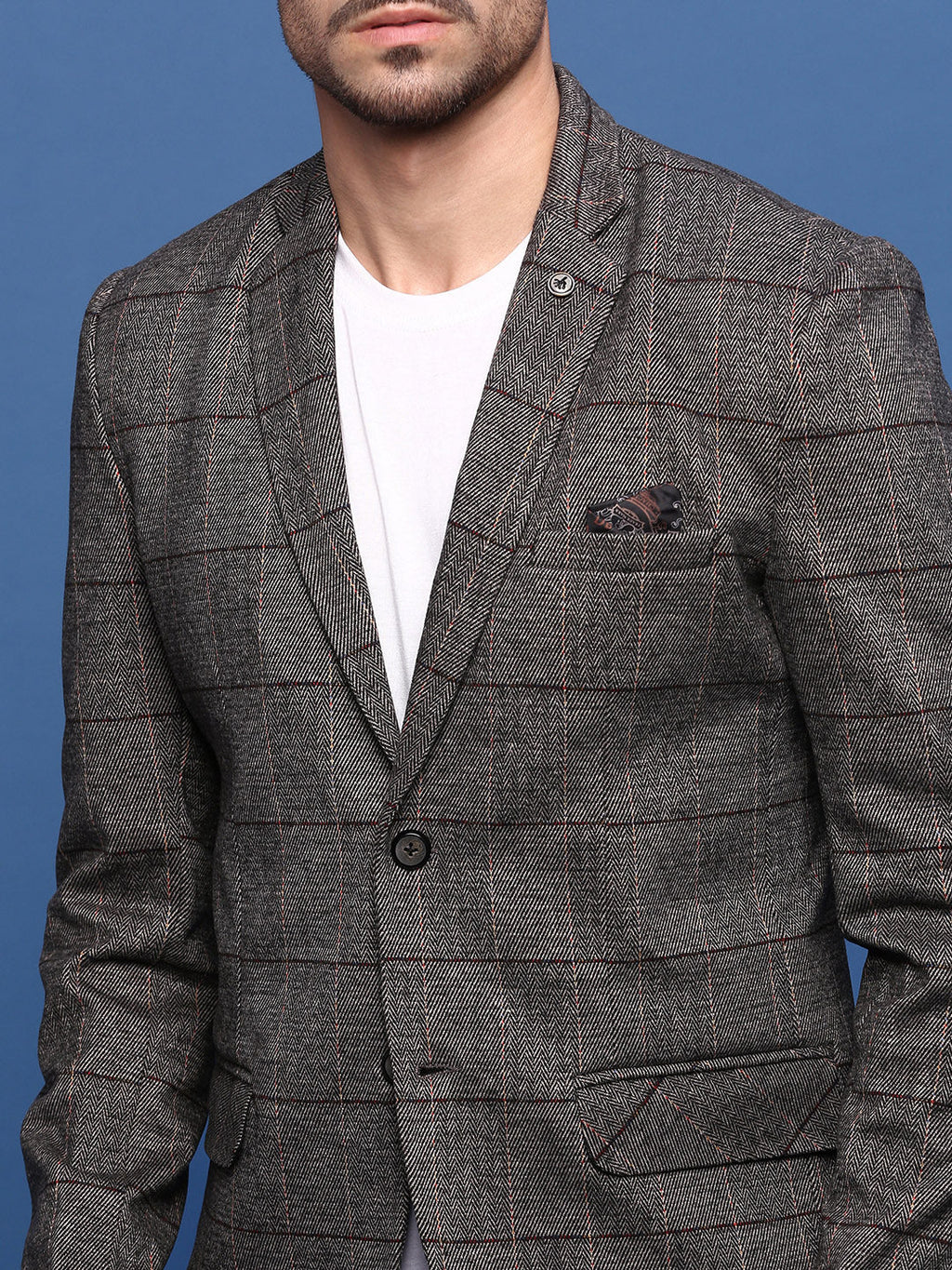 Men's Brown Slim Fit Checked Single Breasted Blazer