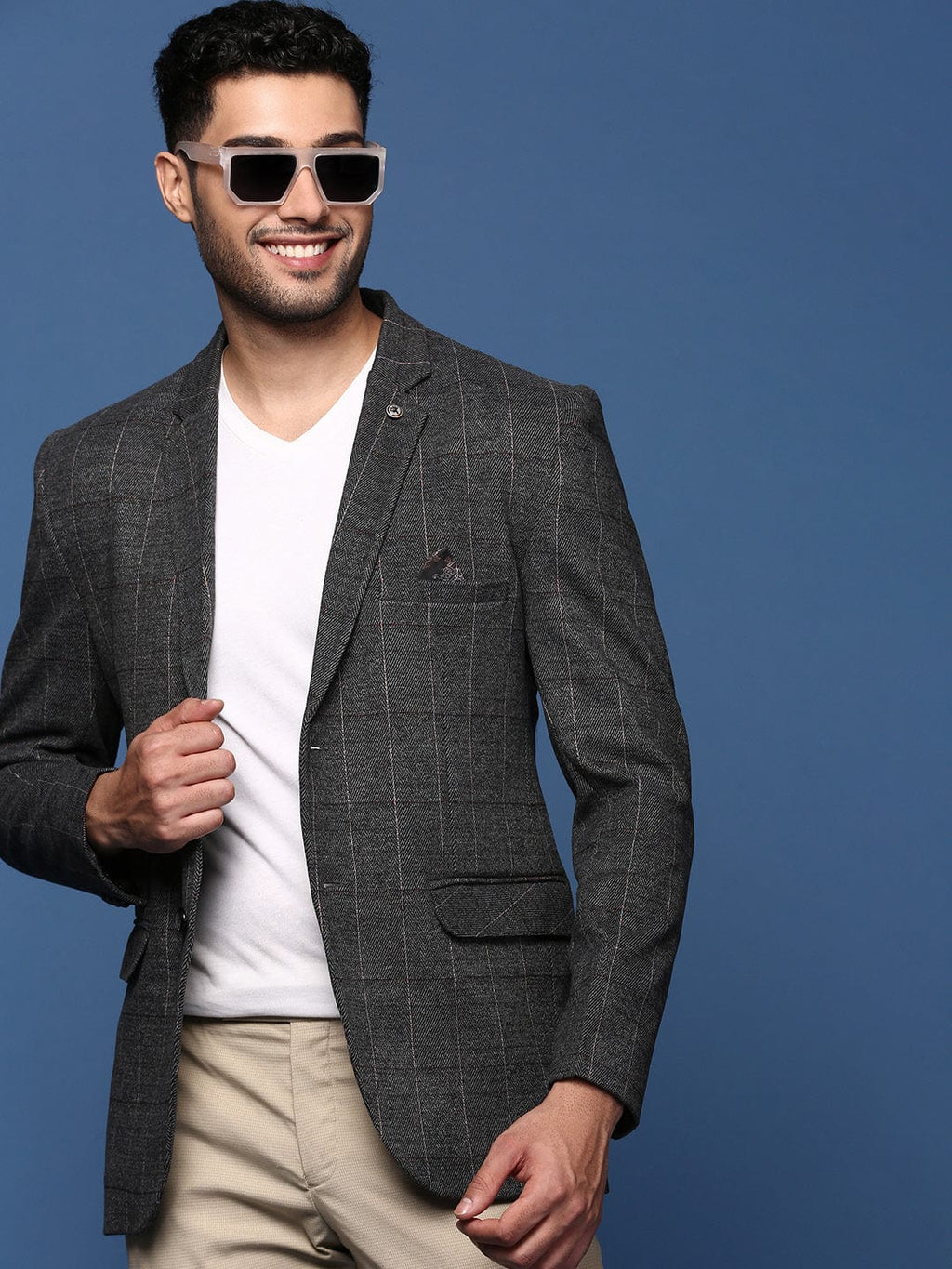 Men's Charcoal Striped Slim Fit Single Breasted Blazer