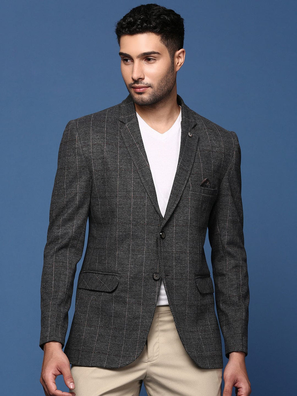 Men's Charcoal Striped Slim Fit Single Breasted Blazer