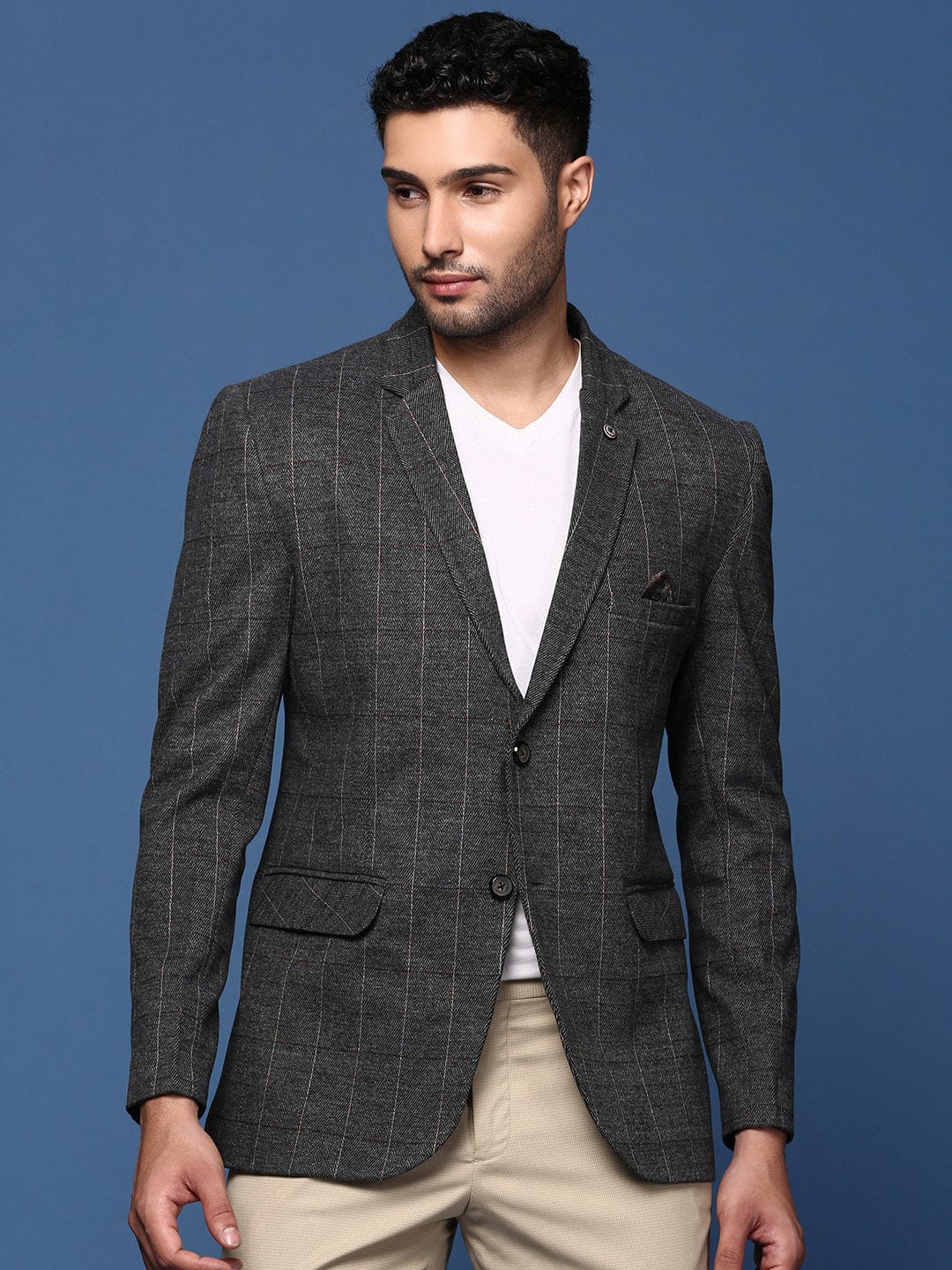 Men's Charcoal Striped Slim Fit Single Breasted Blazer