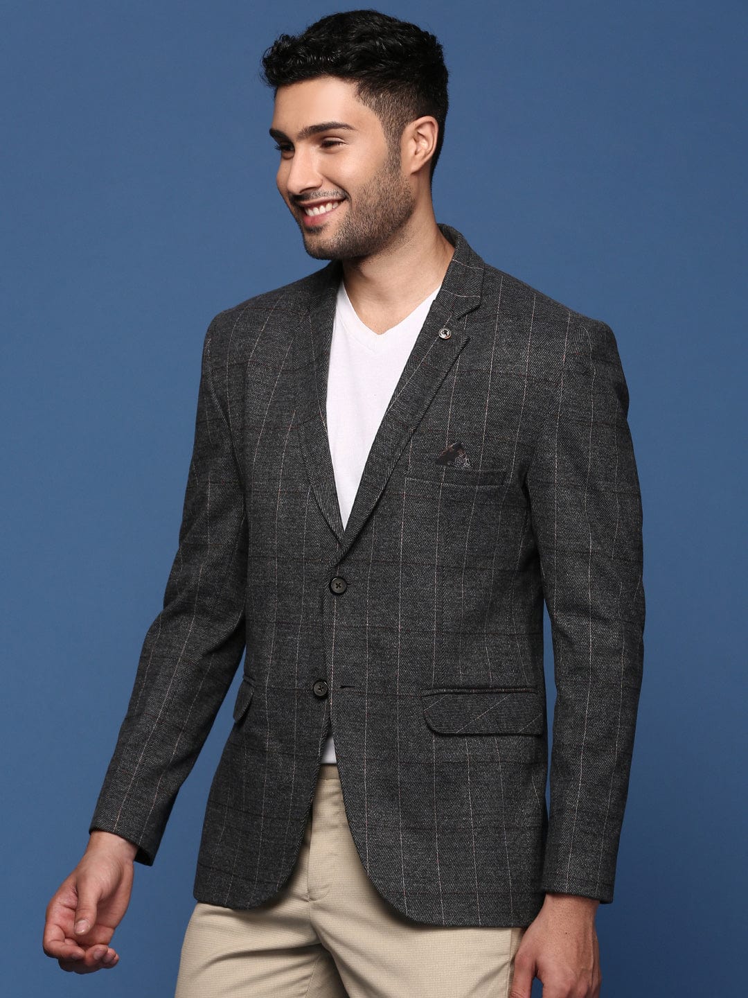 Men's Charcoal Striped Slim Fit Single Breasted Blazer