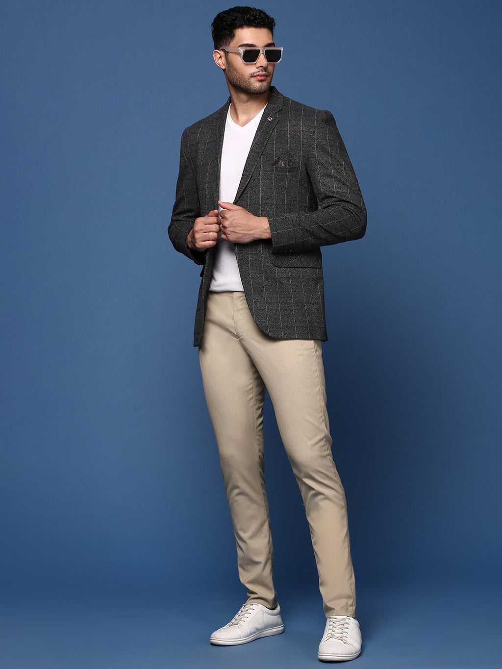 Men's Charcoal Striped Slim Fit Single Breasted Blazer