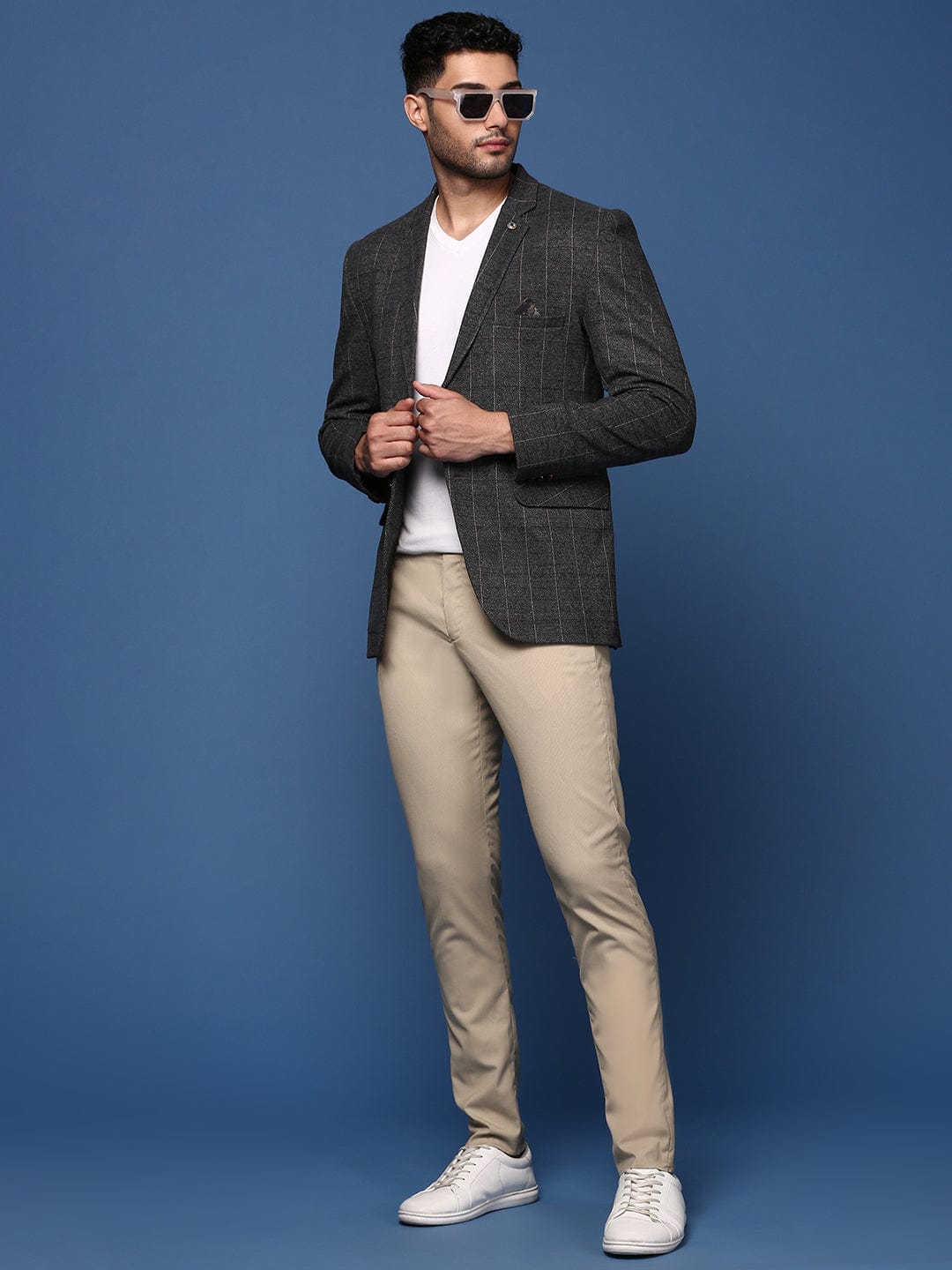 Men's Charcoal Striped Slim Fit Single Breasted Blazer