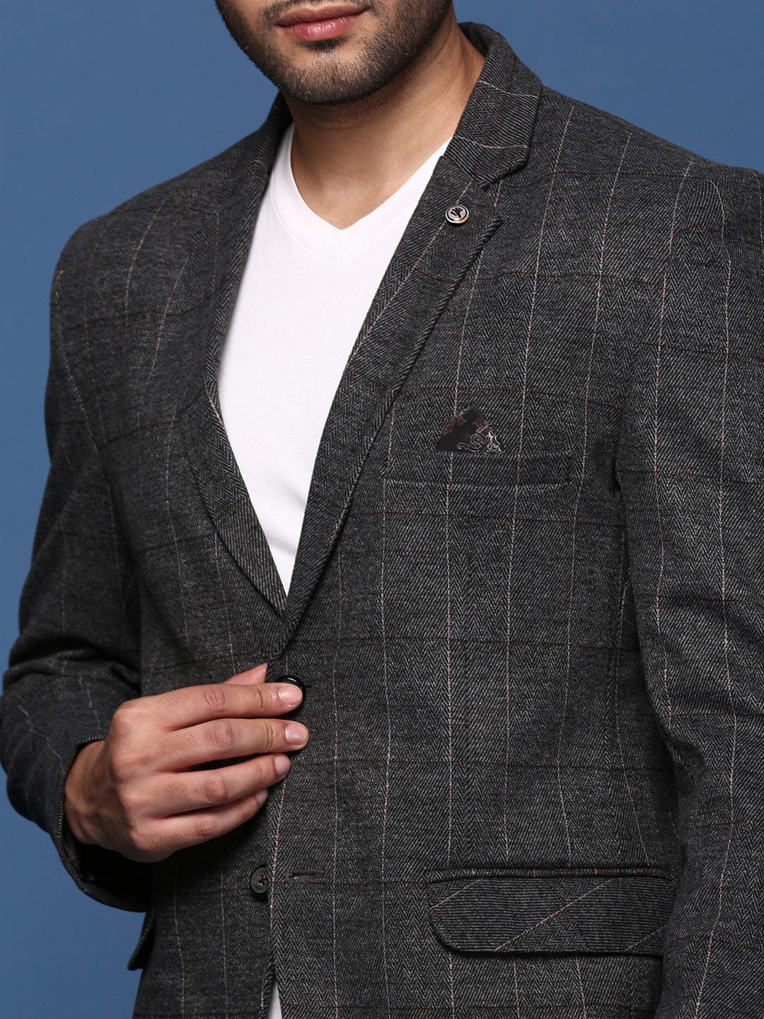 Men's Charcoal Striped Slim Fit Single Breasted Blazer