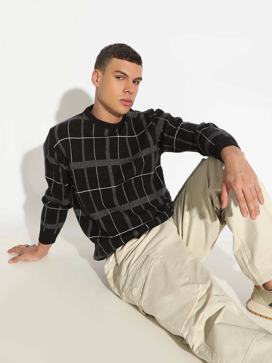 Men's Checked Black Ribbed Round Neck Sweater
