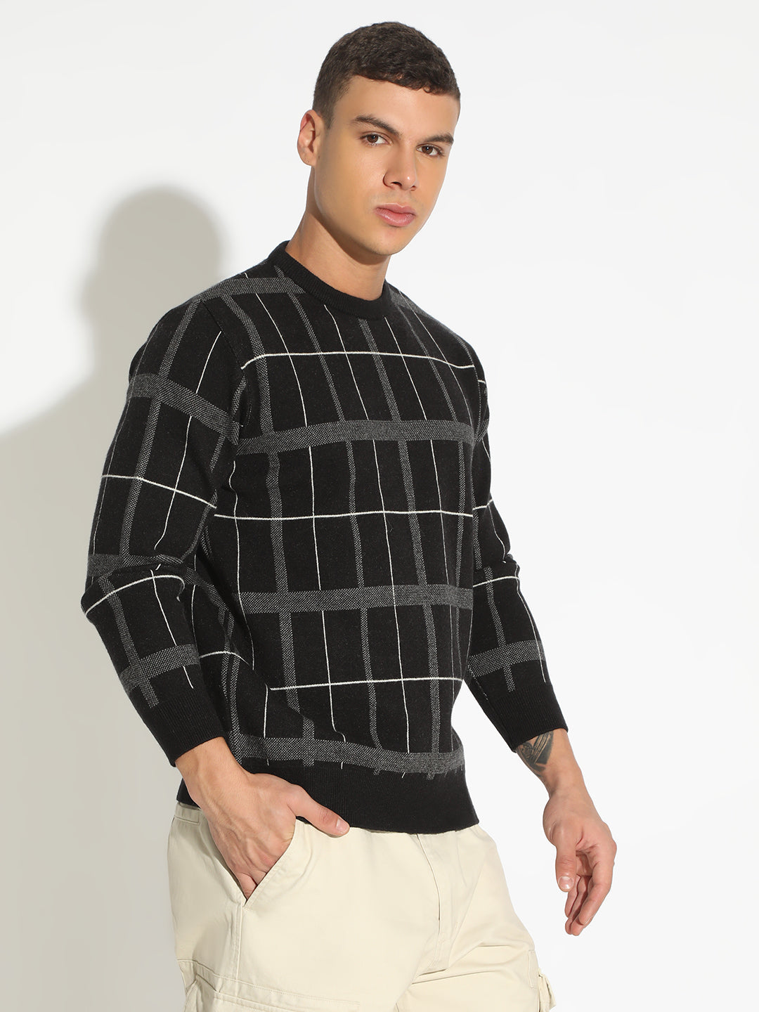 Men's Checked Black Ribbed Round Neck Sweater