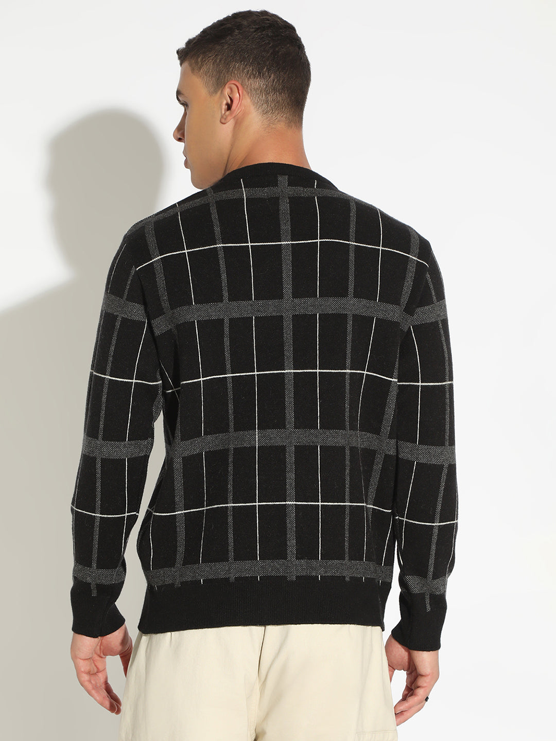 Men's Checked Black Ribbed Round Neck Sweater