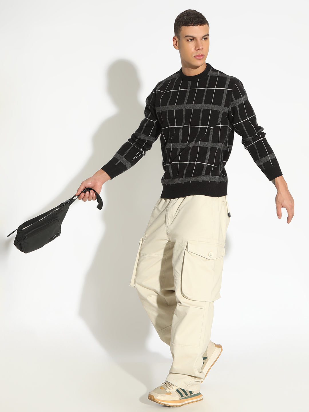 Men's Checked Black Ribbed Round Neck Sweater