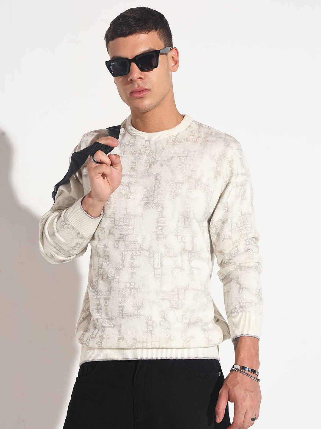 Men's Abstract Cream Ribbed Round Neck Sweater