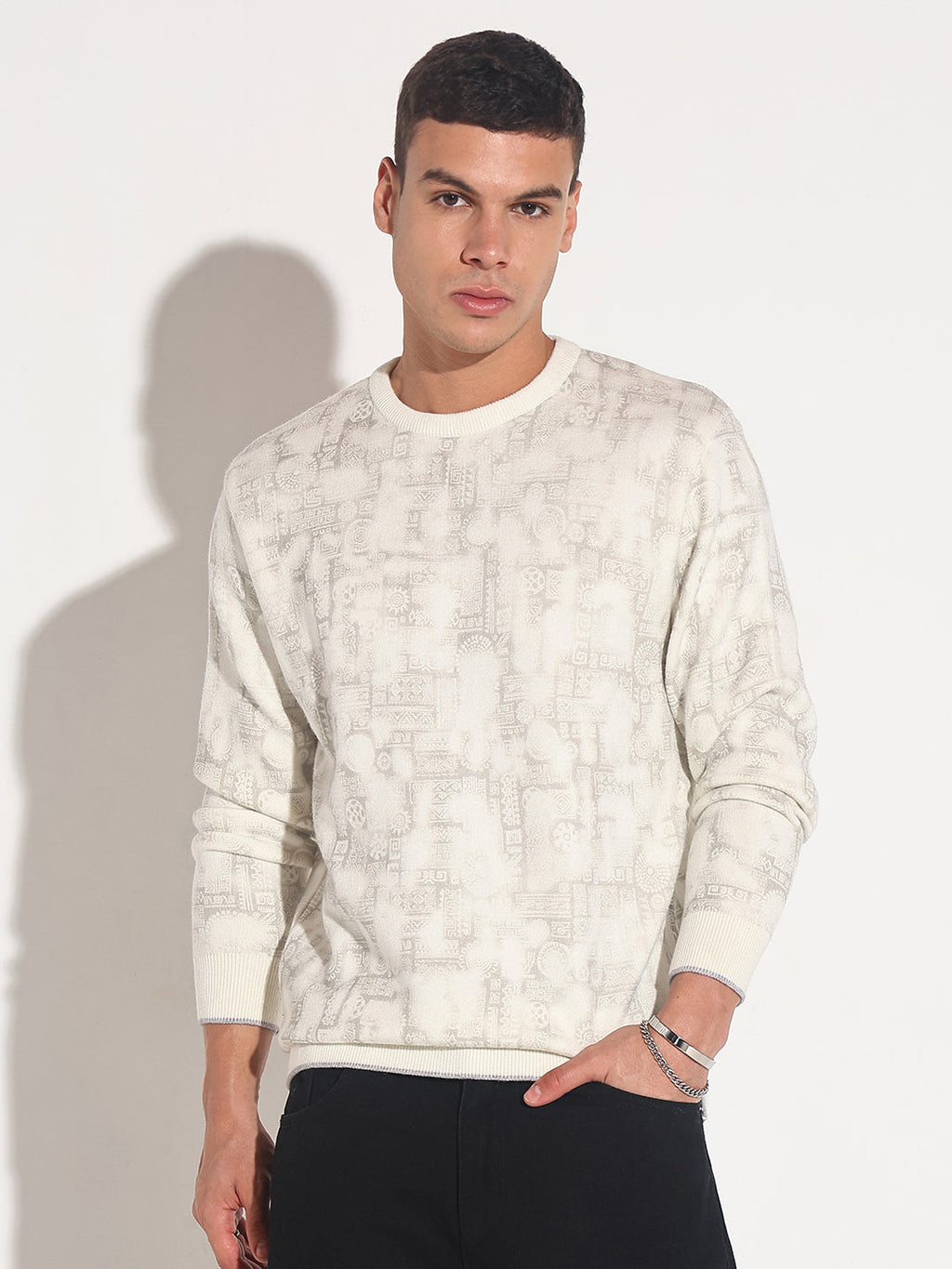 Men's Abstract Cream Ribbed Round Neck Sweater