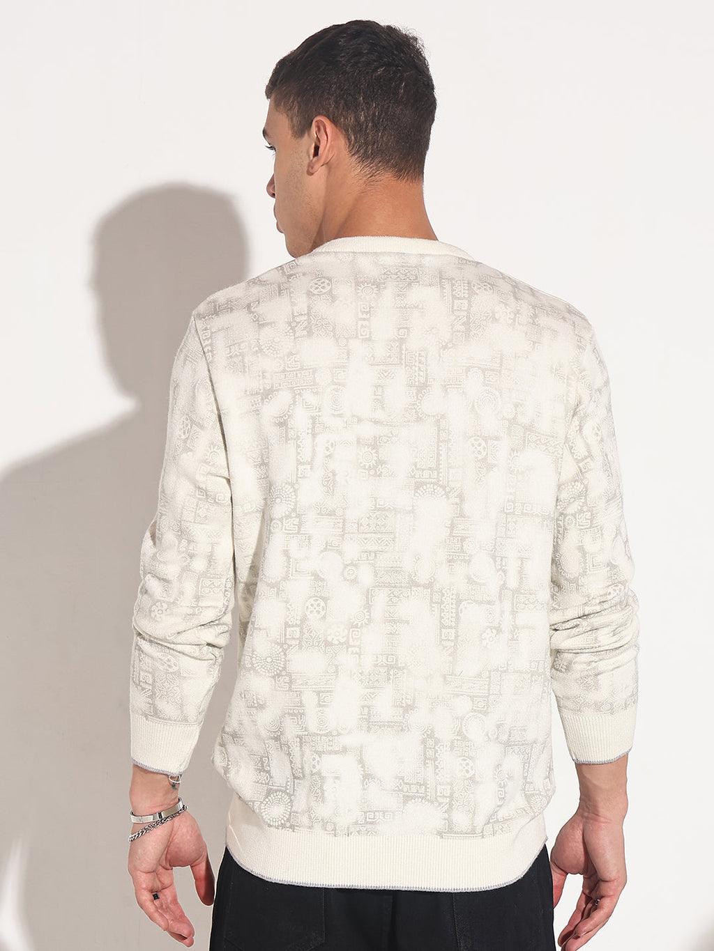 Men's Abstract Cream Ribbed Round Neck Sweater