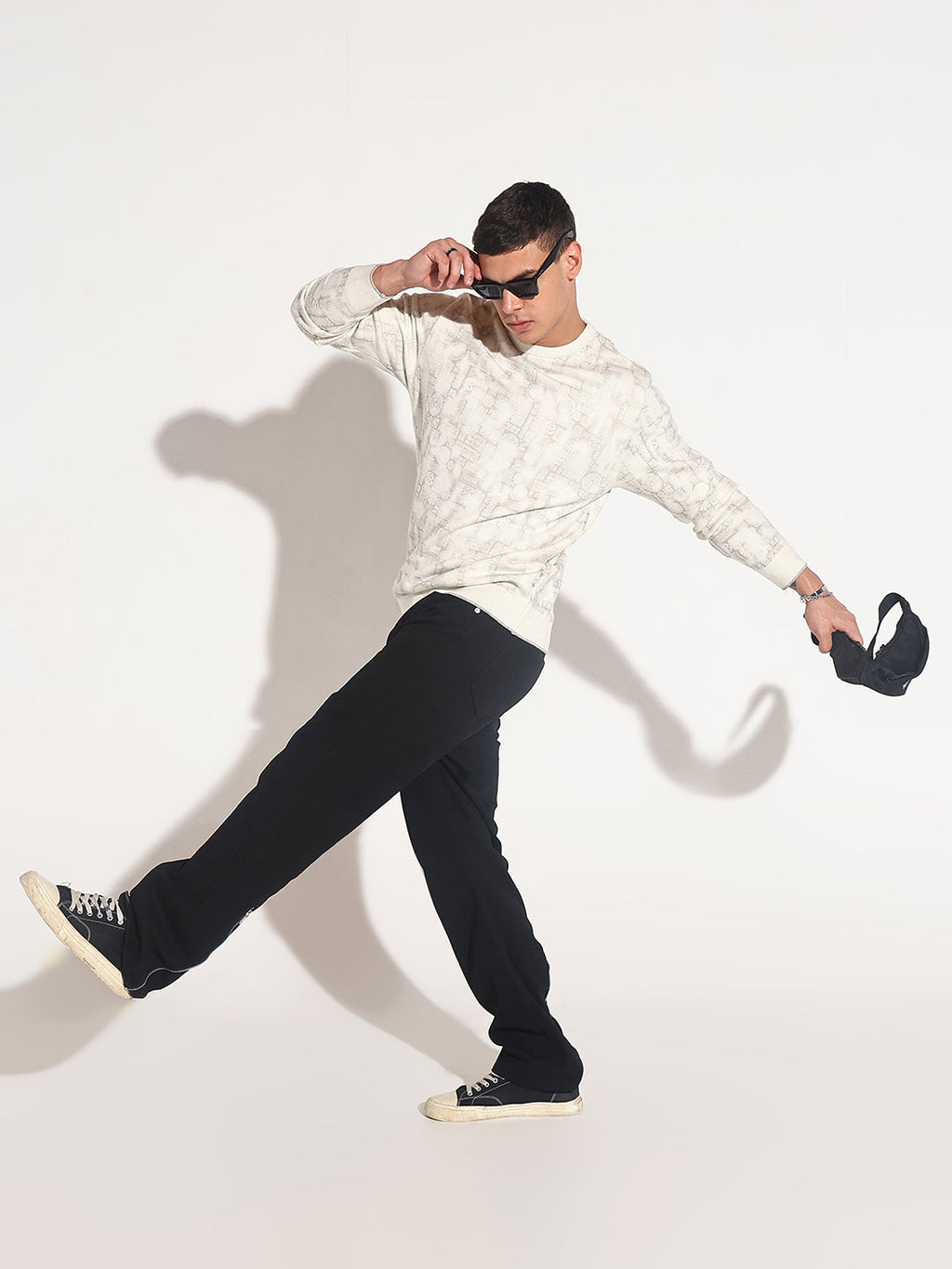 Men's Abstract Cream Ribbed Round Neck Sweater