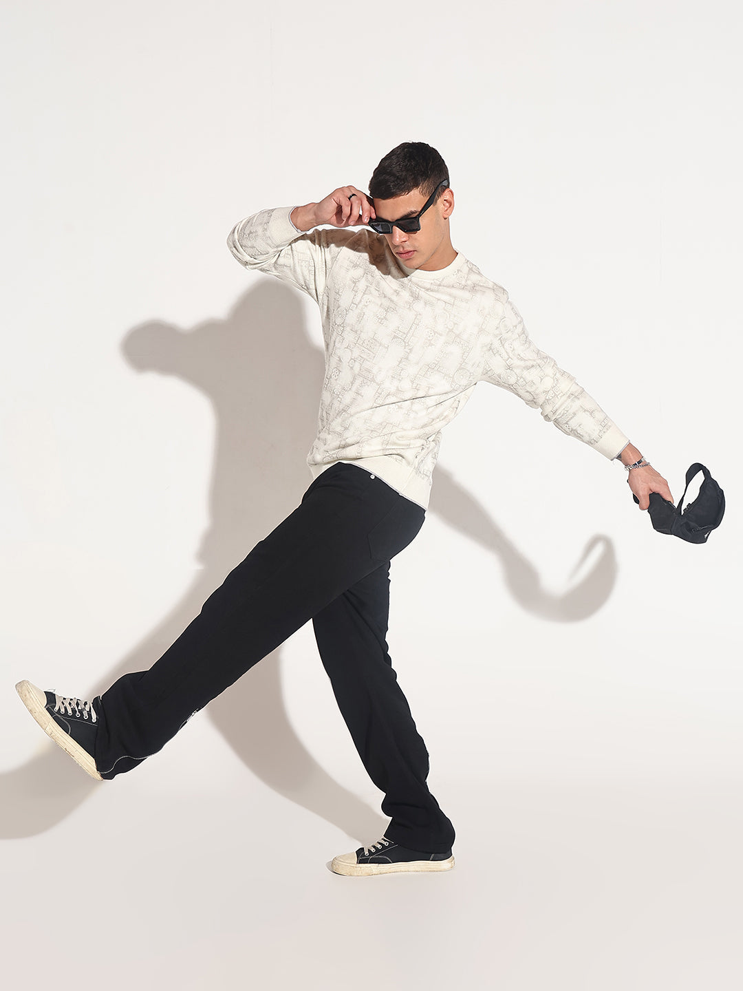 Men's Abstract Cream Ribbed Round Neck Sweater