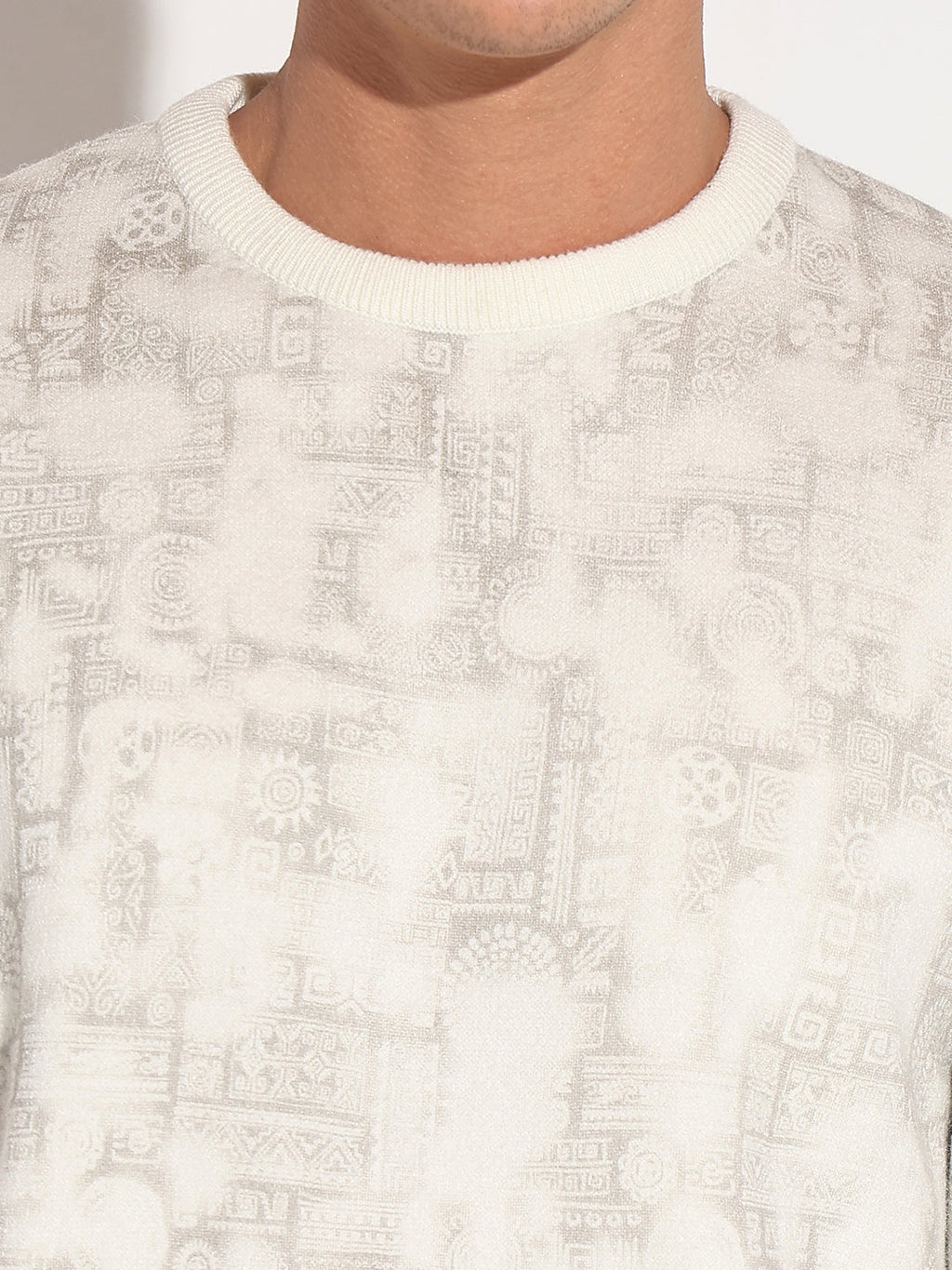 Men's Abstract Cream Ribbed Round Neck Sweater