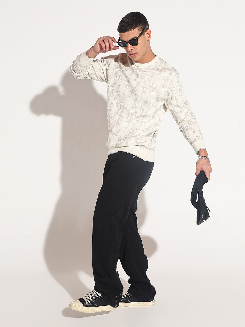 Men's Abstract Cream Ribbed Round Neck Sweater