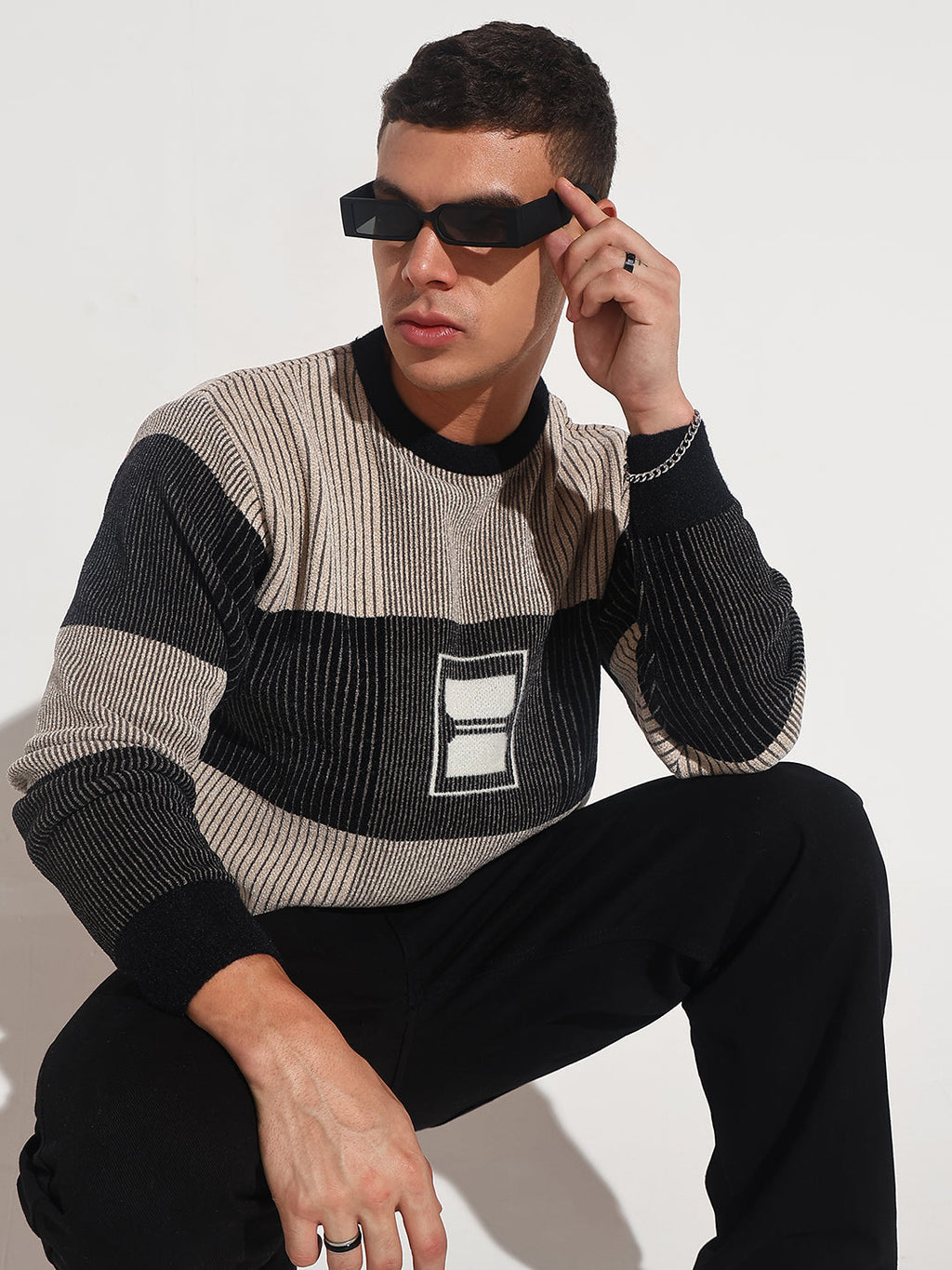 Men's Striped Black Ribbed Round Neck Sweater