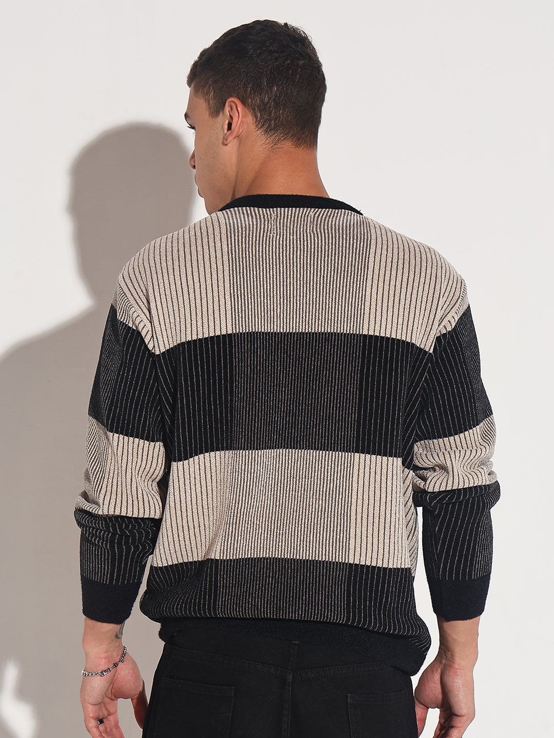 Men's Striped Black Ribbed Round Neck Sweater