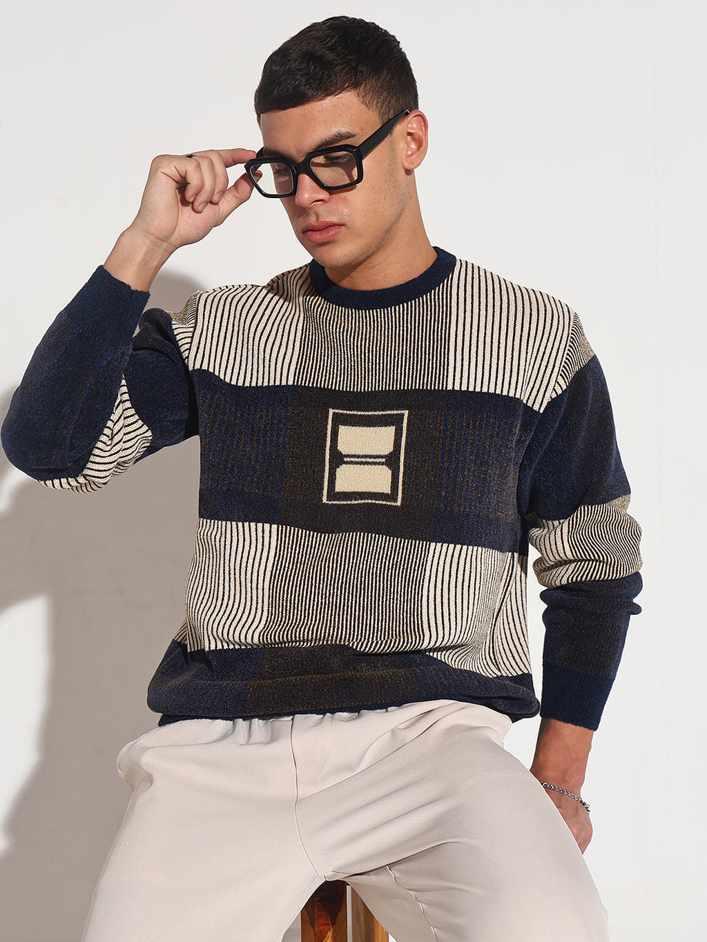 Men's Striped Navy Blue Ribbed Round Neck Sweater