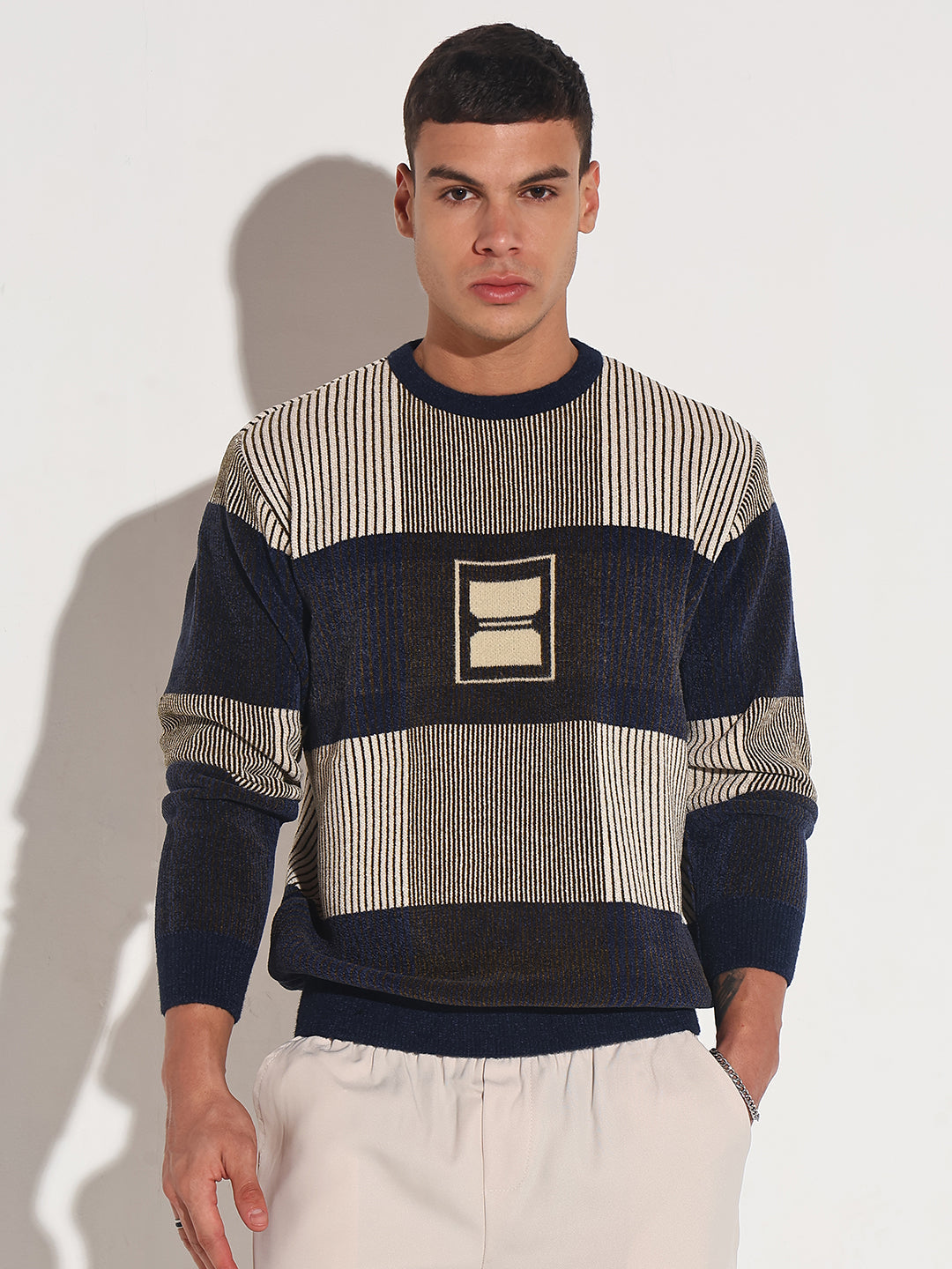 Men's Striped Navy Blue Ribbed Round Neck Sweater