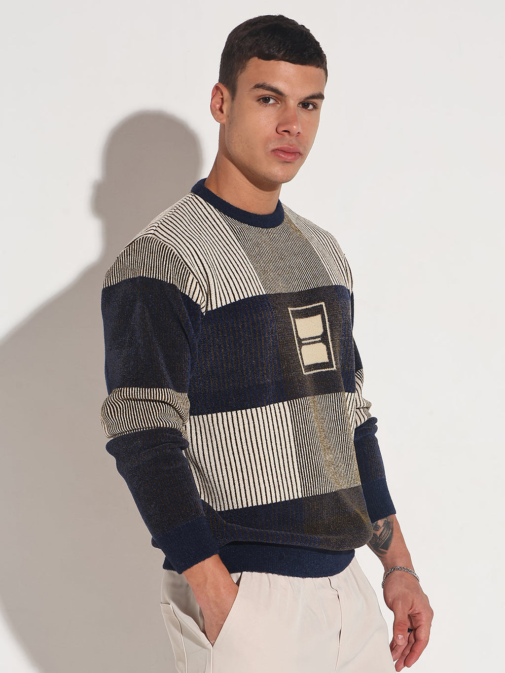 Men's Striped Navy Blue Ribbed Round Neck Sweater