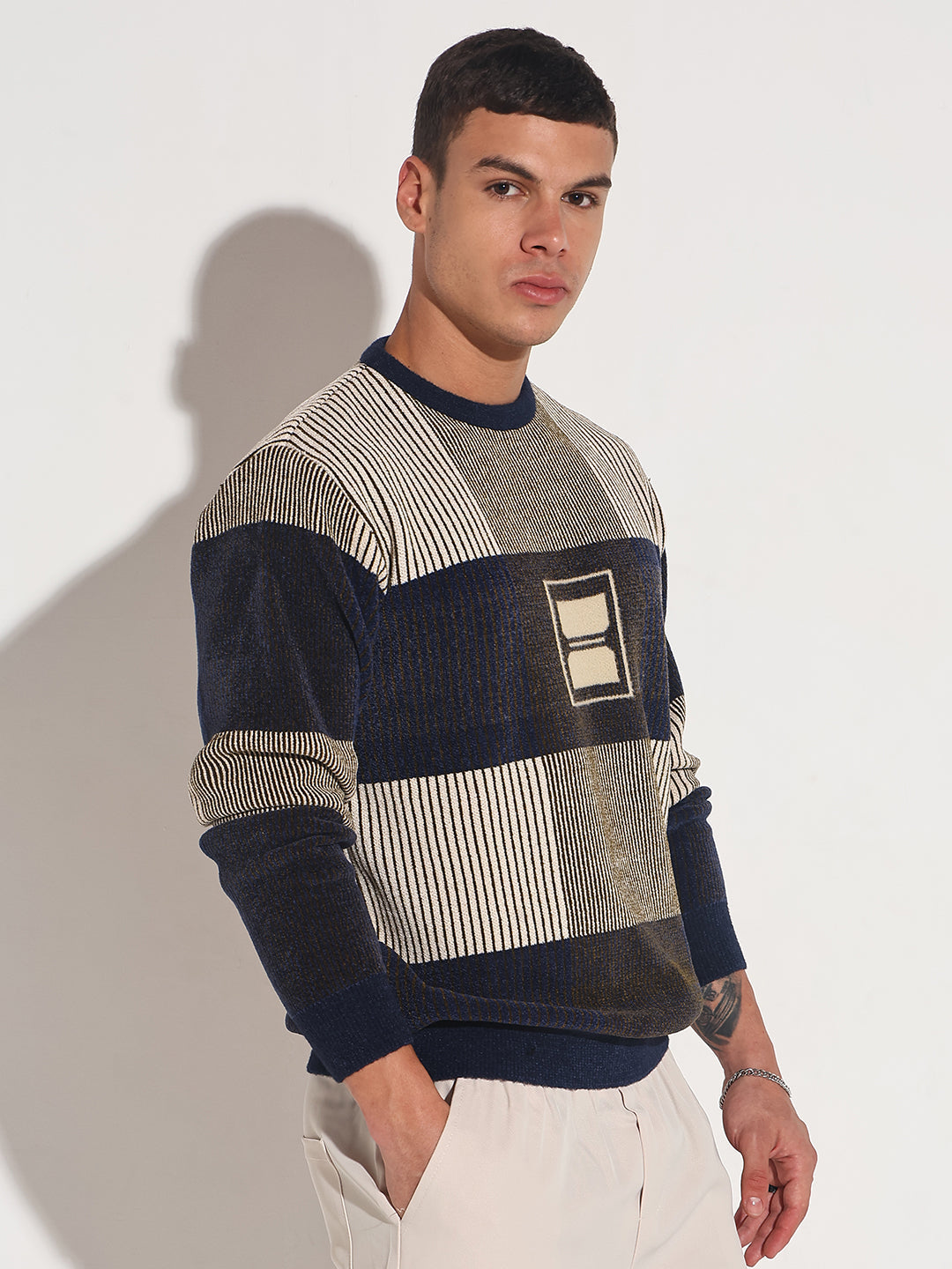 Men's Striped Navy Blue Ribbed Round Neck Sweater