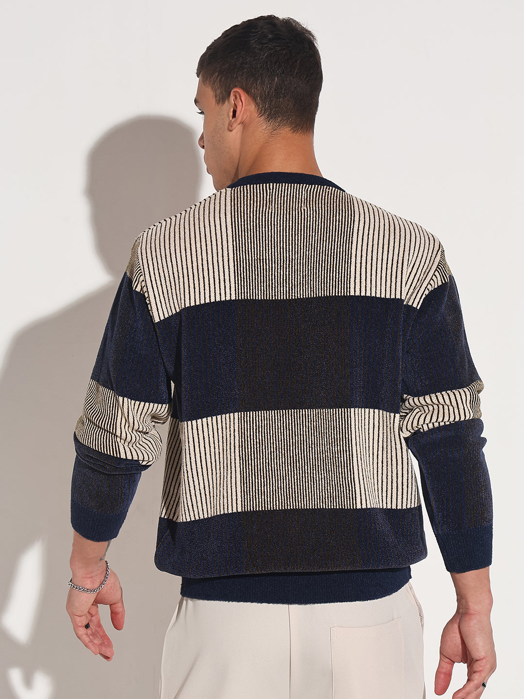 Men's Striped Navy Blue Ribbed Round Neck Sweater