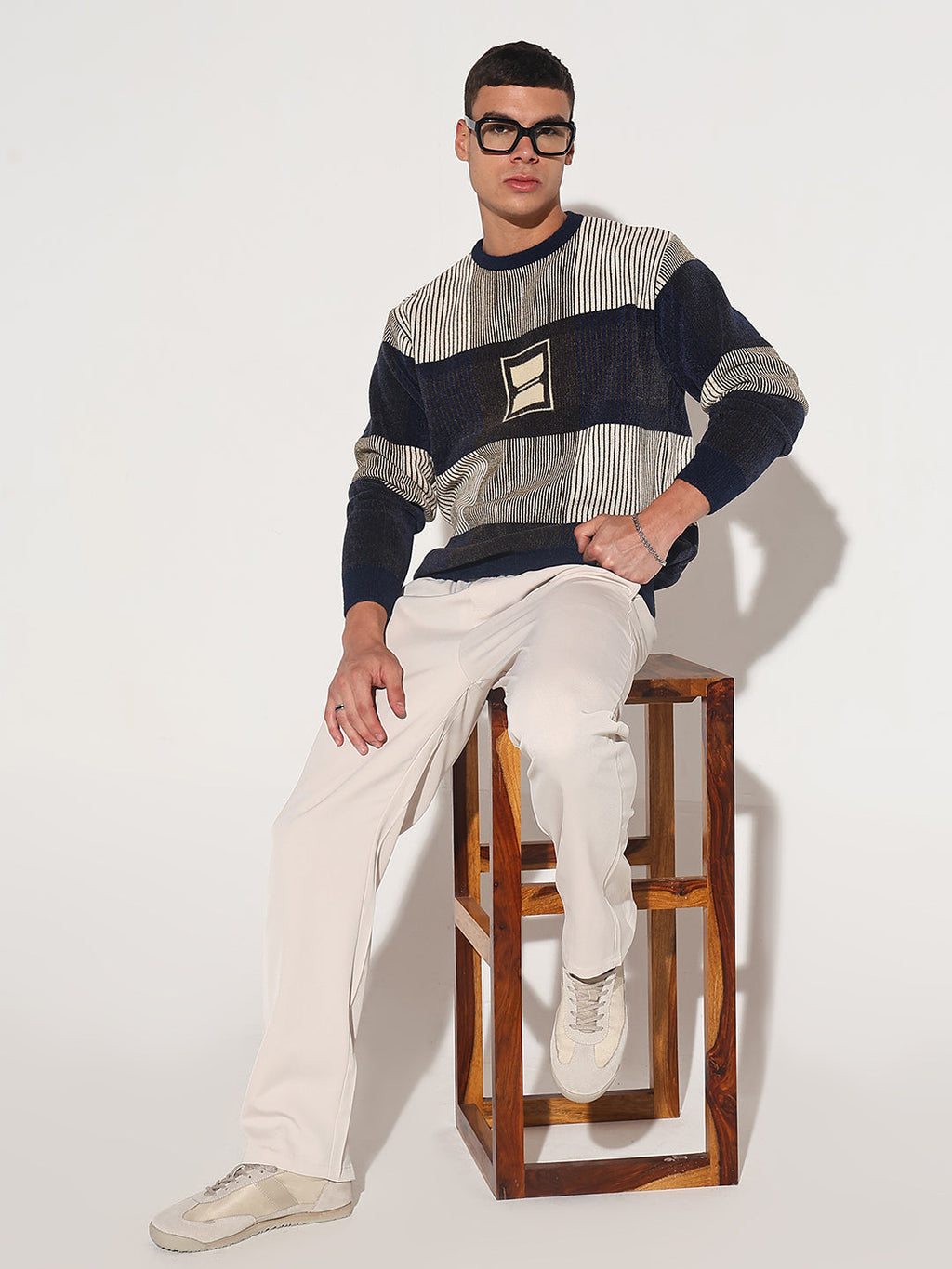 Men's Striped Navy Blue Ribbed Round Neck Sweater