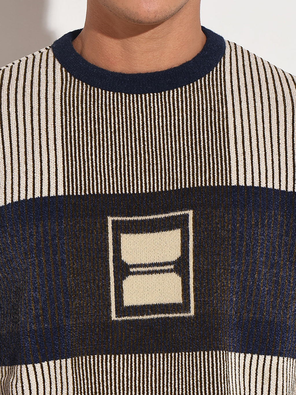 Men's Striped Navy Blue Ribbed Round Neck Sweater